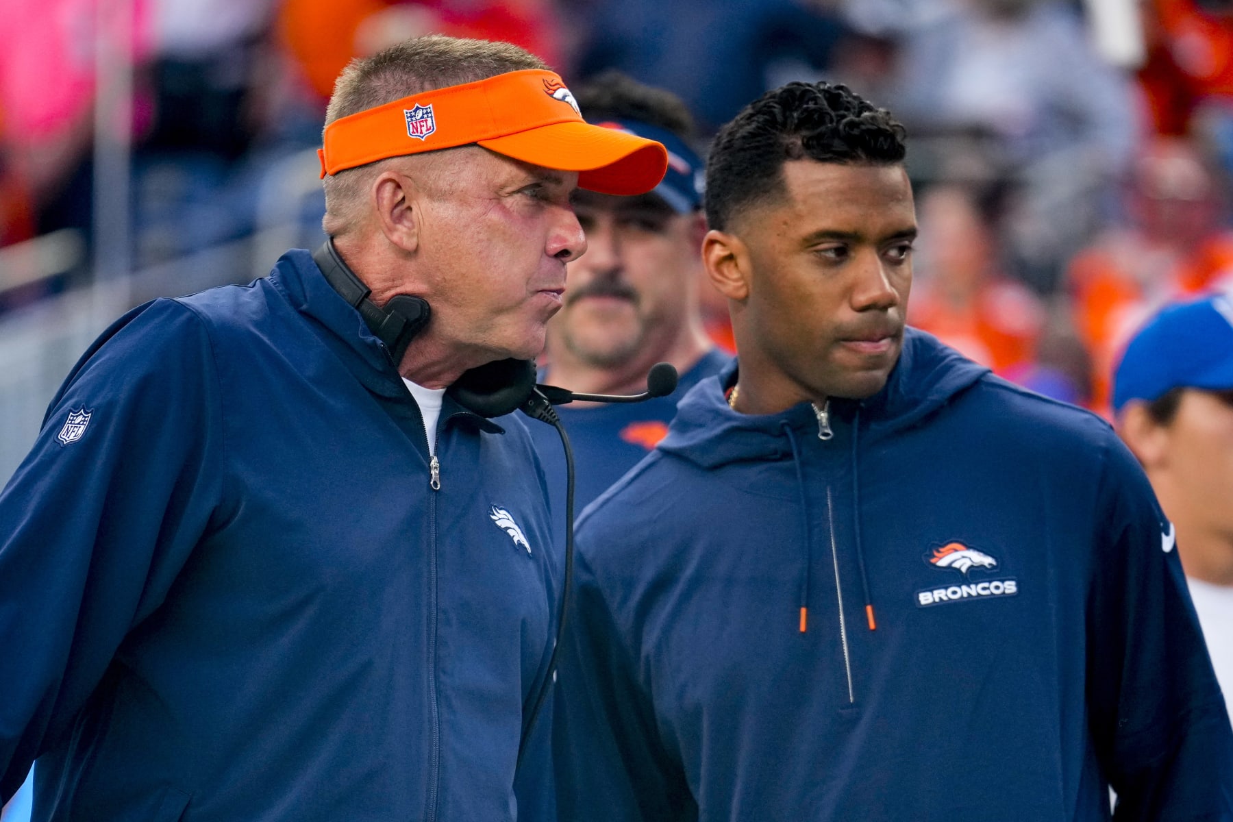 Denver Broncos head coach Sean Payton talks with Denver Broncos quarterback Russell Wilson (3) all the draw through a preseason NFL football sport in opposition to the Los Angeles Rams Saturday, Aug. 26, 2023, in Denver. (AP Describe/Jack Dempsey)