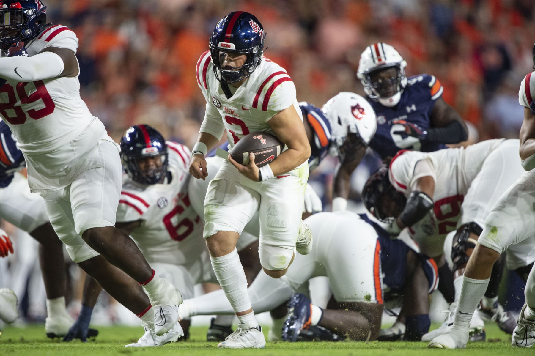 AUBURN, ALABAMA - OCTOBER 21: Quarterback Jaxson Dart #2 of the Mississippi Rebels during their game against the Auburn Tigers at Jordan-Hare Stadium on October 21, 2023 in Auburn, Alabama. (Photo by Michael Chang/Getty Images)