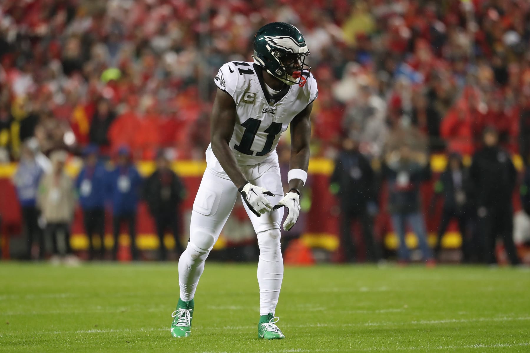 KANSAS CITY, MO - NOVEMBER 20: Philadelphia Eagles wide receiver A.J. Brown (11) in the first quarter of an NFL football game between the Philadelphia Eagles and Kansas City Chiefs on Nov 20, 2023 at GEHA Field at Arrowhead Stadium in Kansas City, MO. (Photo by Scott Winters/Icon Sportswire via Getty Images)