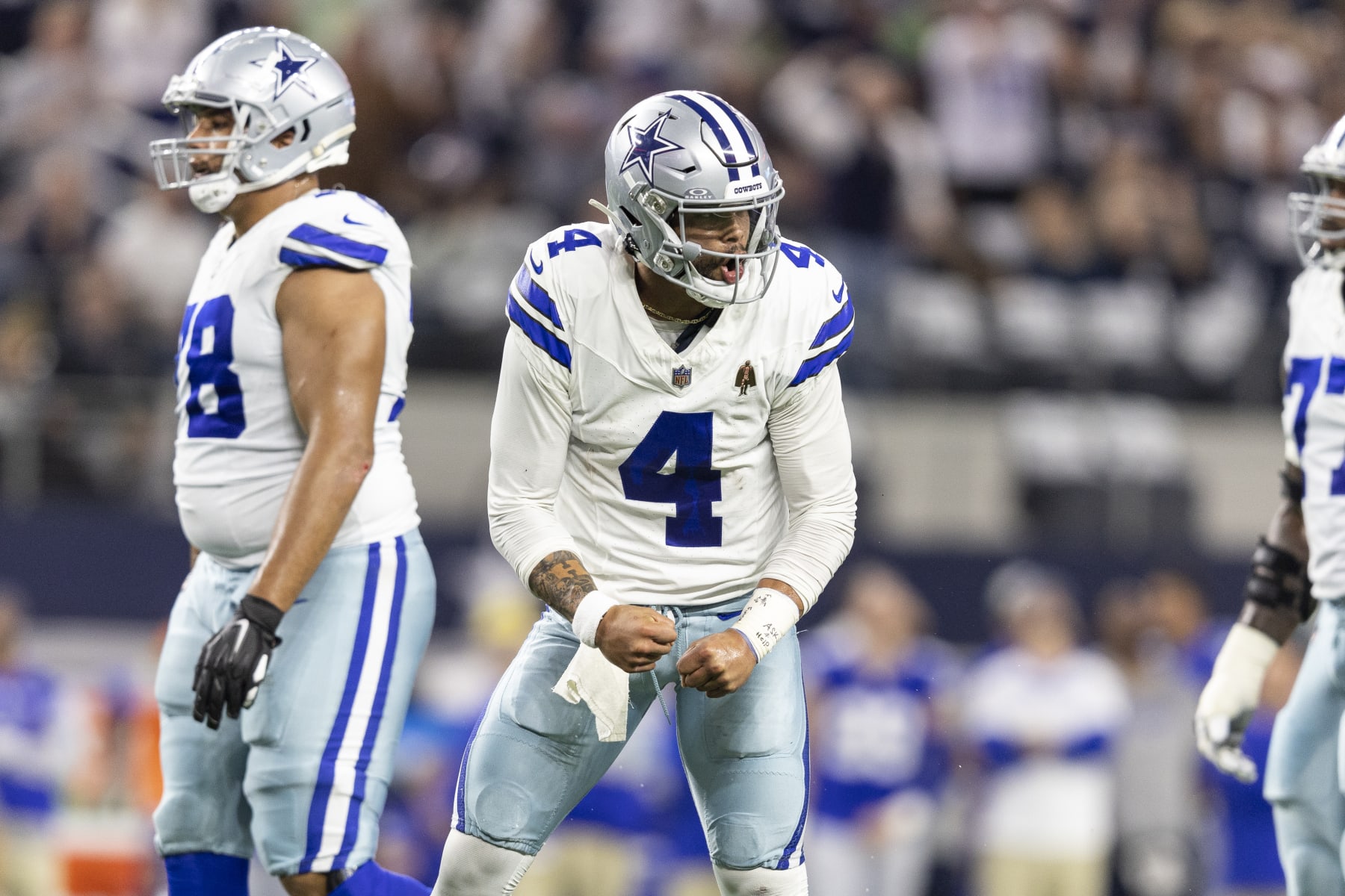 ARLINGTON, TEXAS - NOVEMBER 30: Dak Prescott # 4 of the Dallas Cowboys celebrates after a goal during an NFL football game between the Dallas Cowboys and the Seattle Seahawks at AT&T Stadium on November 30, 2023 in Arlington, Texas. (Photo by Michael Owens/Getty Images)