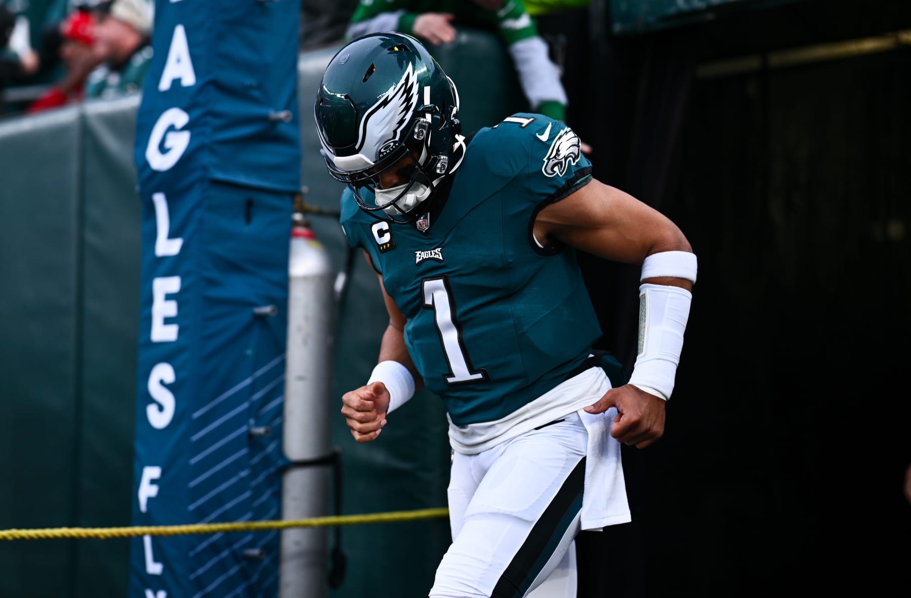 PHILADELPHIA, PA - DECEMBER 03: Philadelphia Eagles Quarterback Jalen Hurts (1) enters the field before the game between the San Francisco 49ers and Philadelphia Eagles on December 03, 2023 at Lincoln Financial Field in Philadelphia, PA. (Photo by Kyle Ross/Icon Sportswire via Getty Images)