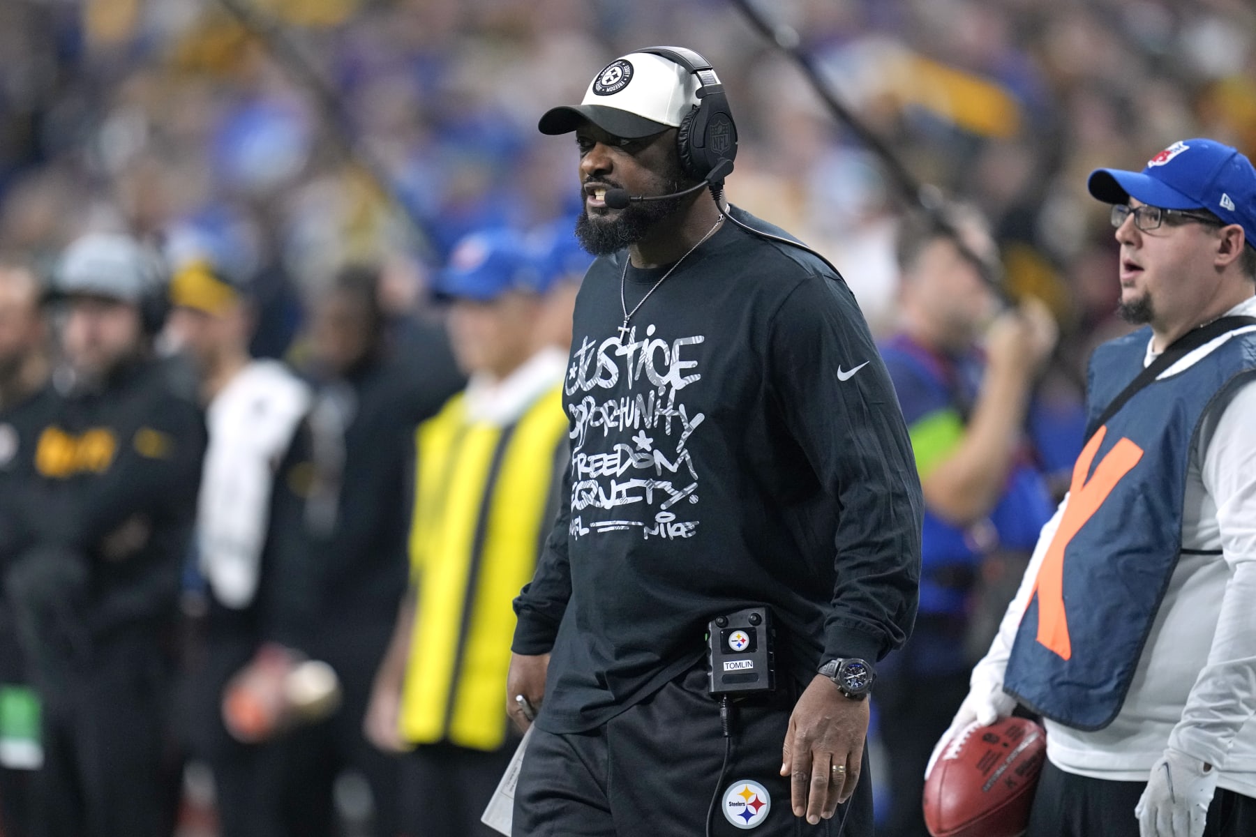 Pittsburgh Steelers head coach Mike Tomlin stands on the sidelines during the first half of an NFL football game against the Indianapolis Colts in Indianapolis Saturday, Dec. 16, 2023. (AP Photo/Michael Conroy)