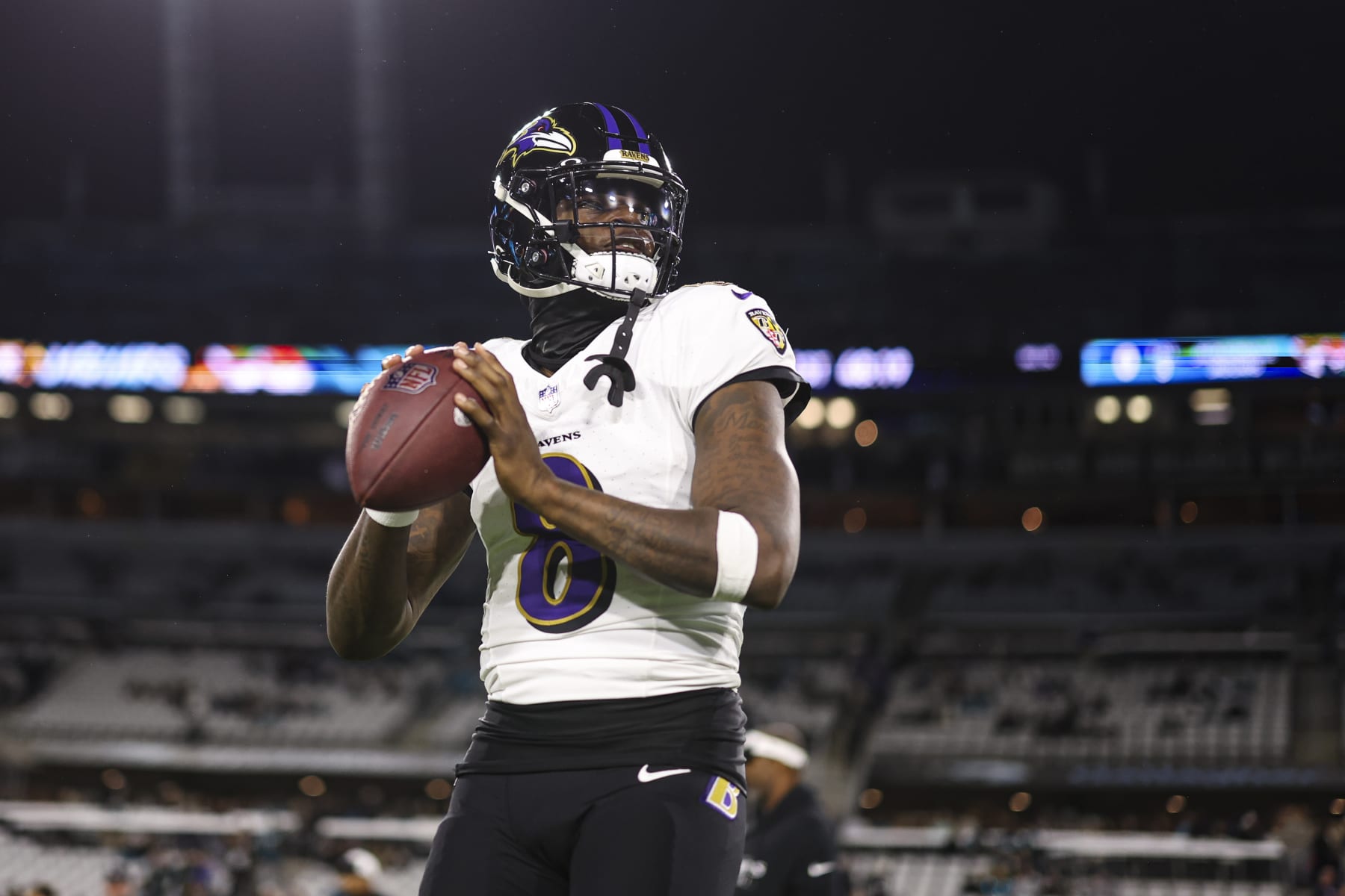 JACKSONVILLE, FL - DECEMBER 17: Lamar Jackson #8 of the Baltimore Ravens warms up prior to an NFL football game against the Jacksonville Jaguars at EverBank Stadium on December 17, 2023 in Jacksonville, Florida. (Photo by Perry Knotts/Getty Images)