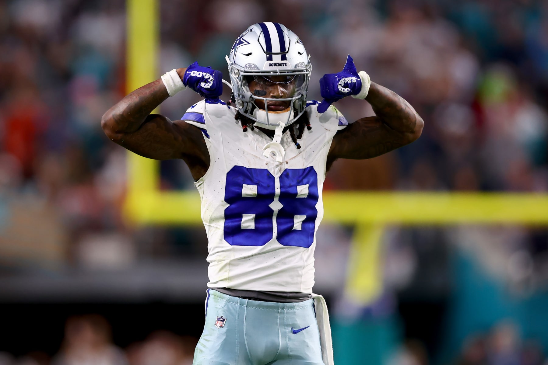 MIAMI GARDENS, FLORIDA - DECEMBER 24: CeeDee Lamb #88 of the Dallas Cowboys reacts after a first down during the fourth quarter in the game against the Miami Dolphins at Hard Rock Stadium on December 24, 2023 in Miami Gardens, Florida. (Photo by Megan Briggs/Getty Images)