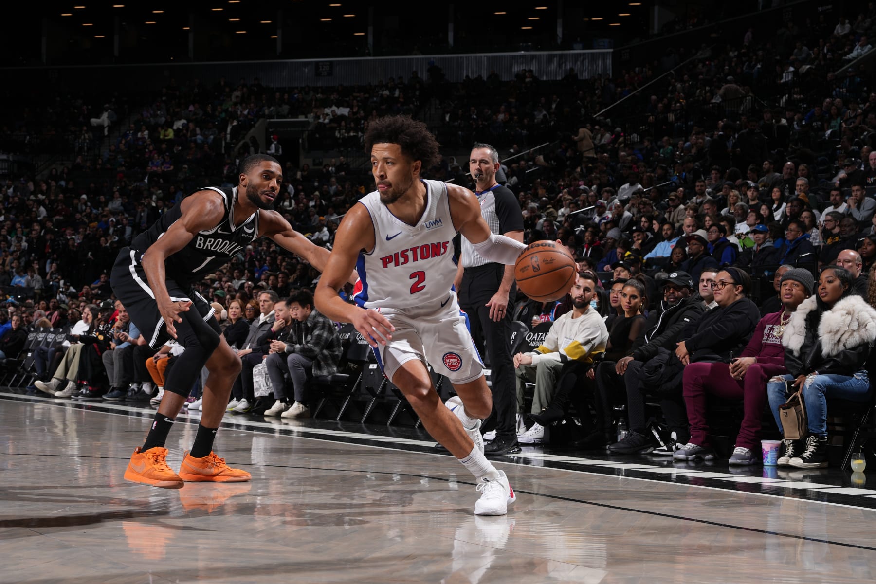 BROOKLYN, NY - DECEMBER 23: Cade Cunningham #2 of the Detroit Pistons dribbles the ball during the game against the Brooklyn Nets on December 23, 2023 at Barclays Center in Brooklyn, New York. NOTE TO USER: User expressly acknowledges and agrees that, by downloading and or using this Photograph, user is consenting to the terms and conditions of the Getty Images License Agreement. Mandatory Copyright Notice: Copyright 2023 NBAE (Photo by Jesse D. Garrabrant/NBAE via Getty Images)