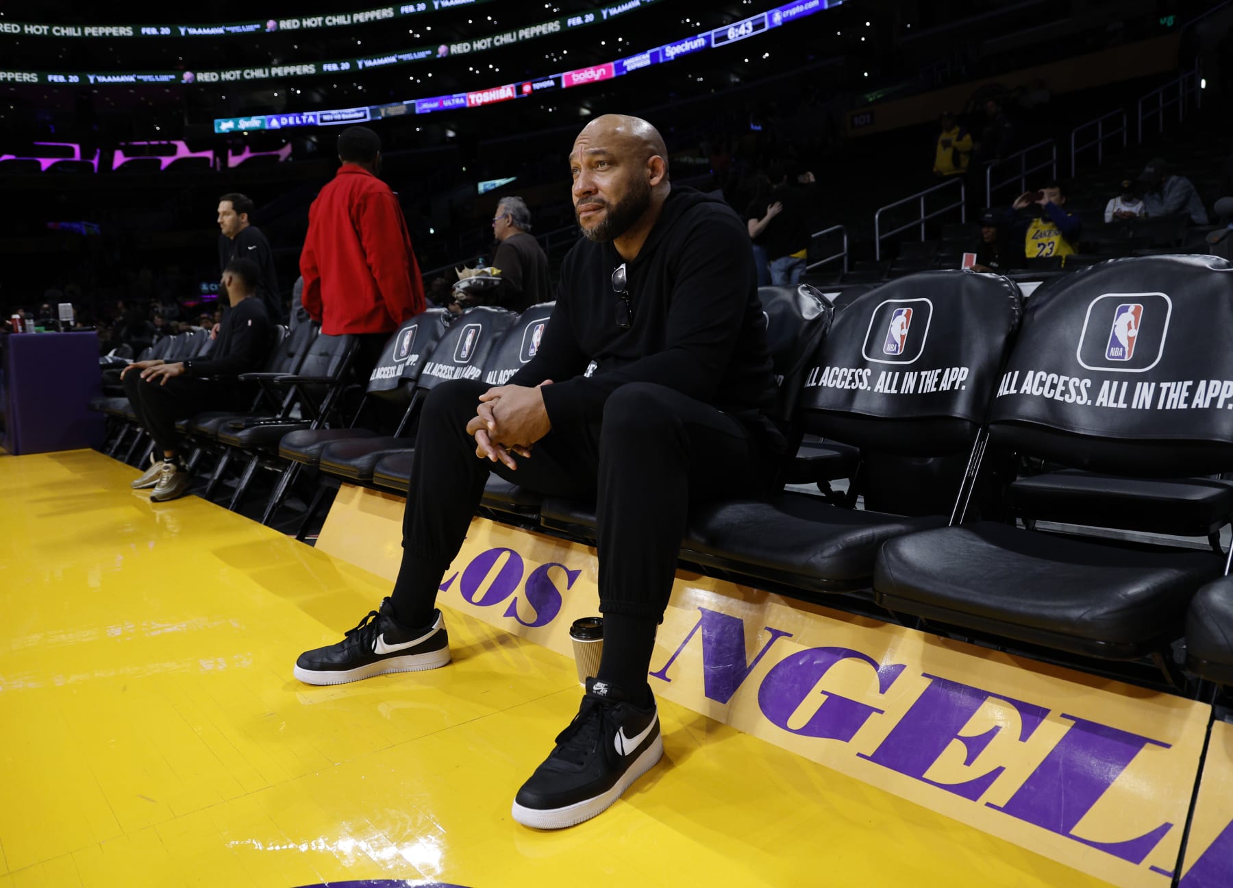 LOS ANGELES, CALIFORNIA - JANUARY 19: Head coach Darvin Ham of the Los Angeles Lakers watch his team warm up before the game against Brooklyn Nets at Crypto.com Arena on January 19, 2024 in Los Angeles, California. NOTE TO USER: User expressly acknowledges and agrees that, by downloading and or using this photograph, User is consenting to the terms and conditions of the Getty Images License Agreement. (Photo by Kevork Djansezian/Getty Images)