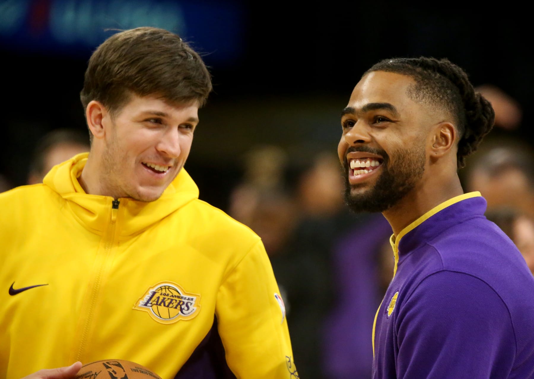 Los Angeles, CA -  Lakers guards Austin Reaves, left, and  D'Angelo Russell warm up sooner than a game towards the Kings at crypto.com Arena in Los Angeles on Wednesday night, Nov. 15, 2023. (Luis Sinco / Los Angeles Times through Getty Pictures)