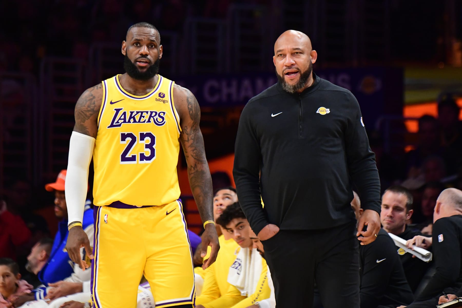 LOS ANGELES, CA - NOVEMBER 22: LeBron James #23 of the Los Angeles Lakers speaks to Head Coach Darvin Ham of the Los Angeles Lakers throughout the game towards the Dallas Mavericks on November 22, 2023 at Crypto.Com Arena in Los Angeles, California. NOTE TO USER: User expressly acknowledges and agrees that, by downloading and/or the employ of this Photo, consumer is consenting to the terms and stipulations of the Getty Pictures License Agreement. Mandatory Copyright Behold: Copyright 2023 NBAE (Photo by Adam Pantozzi/NBAE through Getty Pictures)