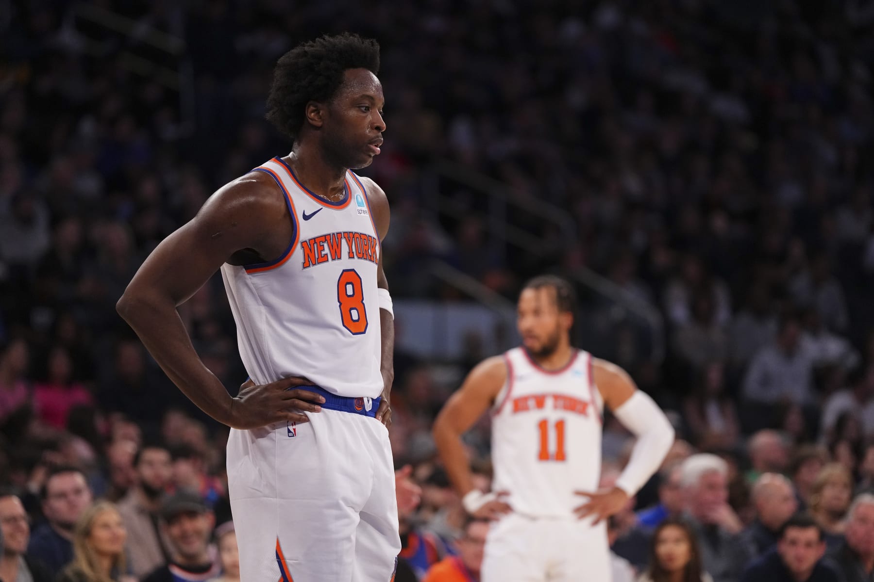 NEW YORK, NEW YORK - JANUARY 1: OG Anunoby #8 and Jalen Brunson #11 of the Fresh York Knicks peek on in opposition to the Minnesota Timberwolves at Madison Square Backyard on January 1, 2024 in Fresh York City. The Knicks defeated the Timberwolves 112-106. NOTE TO USER: Client expressly acknowledges and has the same opinion that, by downloading and or the converse of this picture, Client is consenting to the phrases and cases of the Getty Photography License Agreement. (Photo by Mitchell Leff/Getty Photography)