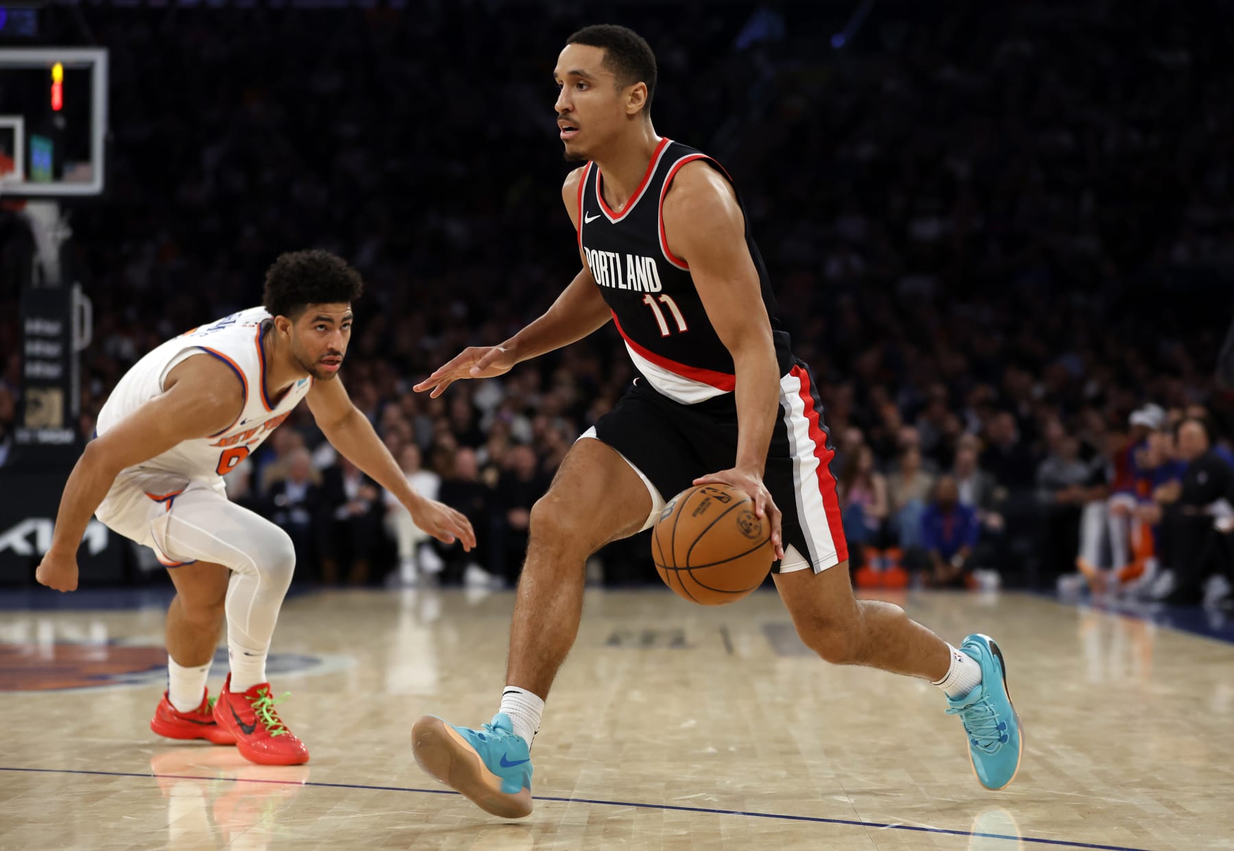 NEW YORK, NEW YORK - JANUARY 09: Malcolm Brogdon #11 of the Portland Path Blazers dribbles in opposition to Quentin Grimes #6 of the Fresh York Knicks for the length of the principle half of at Madison Square Backyard on January 09, 2024 in Fresh York City. NOTE TO USER: Client expressly acknowledges and has the same opinion that, by downloading and/or the converse of this Photo, user is consenting to the phrases and cases of the Getty Photography License Agreement. (Photo by Sarah Stier/Getty Photography)