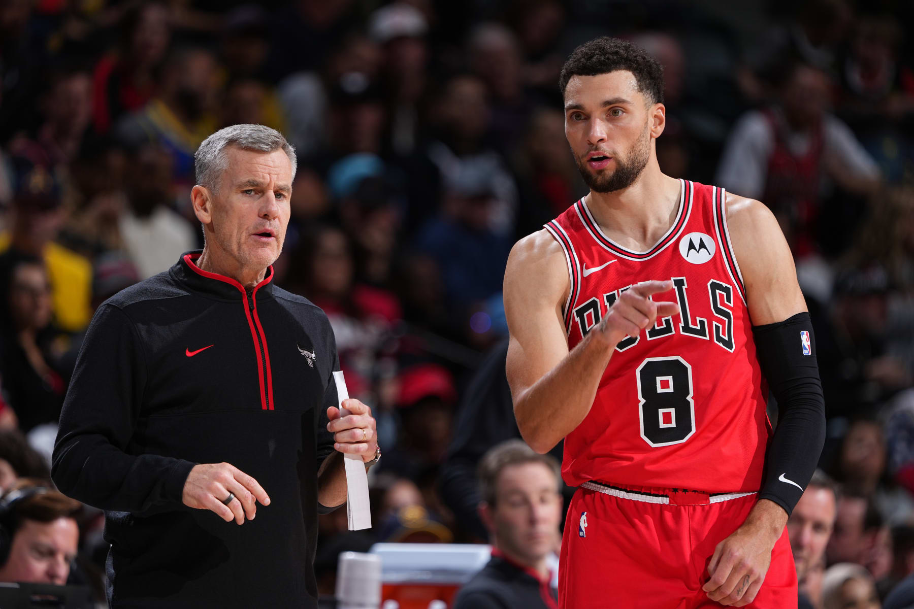 DENVER, CO - NOVEMBER 4: Zach LaVine #8 and Head Coach Billy Donovan of the Chicago Bulls focus on all throughout the sport against the Denver Nuggets on November 4, 2023 at the Ball Arena in Denver, Colorado. NOTE TO USER: Individual expressly acknowledges and agrees that, by downloading and/or the utilization of this Photograph, consumer is consenting to the terms and conditions of the Getty Photos License Agreement. Needed Copyright Learn: Copyright 2023 NBAE (Photograph by Garrett Ellwood/NBAE by Getty Photos)