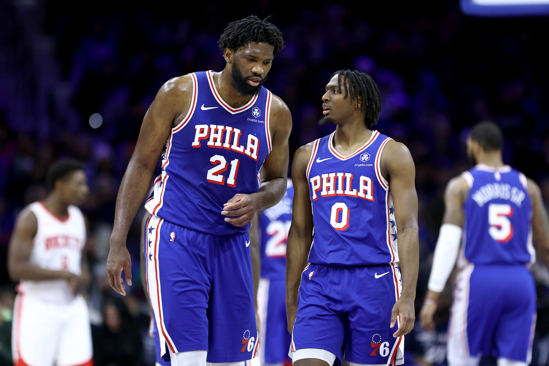 PHILADELPHIA, PENNSYLVANIA - JANUARY 15: Joel Embiid #21 and Tyrese Maxey #0 of the Philadelphia 76ers communicate at some stage in the first quarter in opposition to the Houston Rockets on the Wells Fargo Center on January 15, 2024 in Philadelphia, Pennsylvania. NOTE TO USER: User expressly acknowledges and concurs that, by downloading and or using this describe, User is consenting to the terms and stipulations of the Getty Photos License Settlement. (Photo by Tim Nwachukwu/Getty Photos)