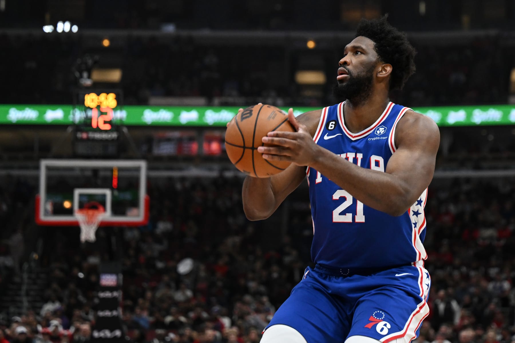 CHICAGO, ILLINOIS - MARCH 22: Joel Embiid #21 of the Philadelphia 76ers shoots in the first half of in opposition to the Chicago Bulls at United Center on March 22, 2023 in Chicago, Illinois. NOTE TO USER: User expressly acknowledges and concurs that, by downloading and or using this describe, User is consenting to the terms and stipulations of the Getty Photos License Settlement. (Photo by Quinn Harris/Getty Photos)