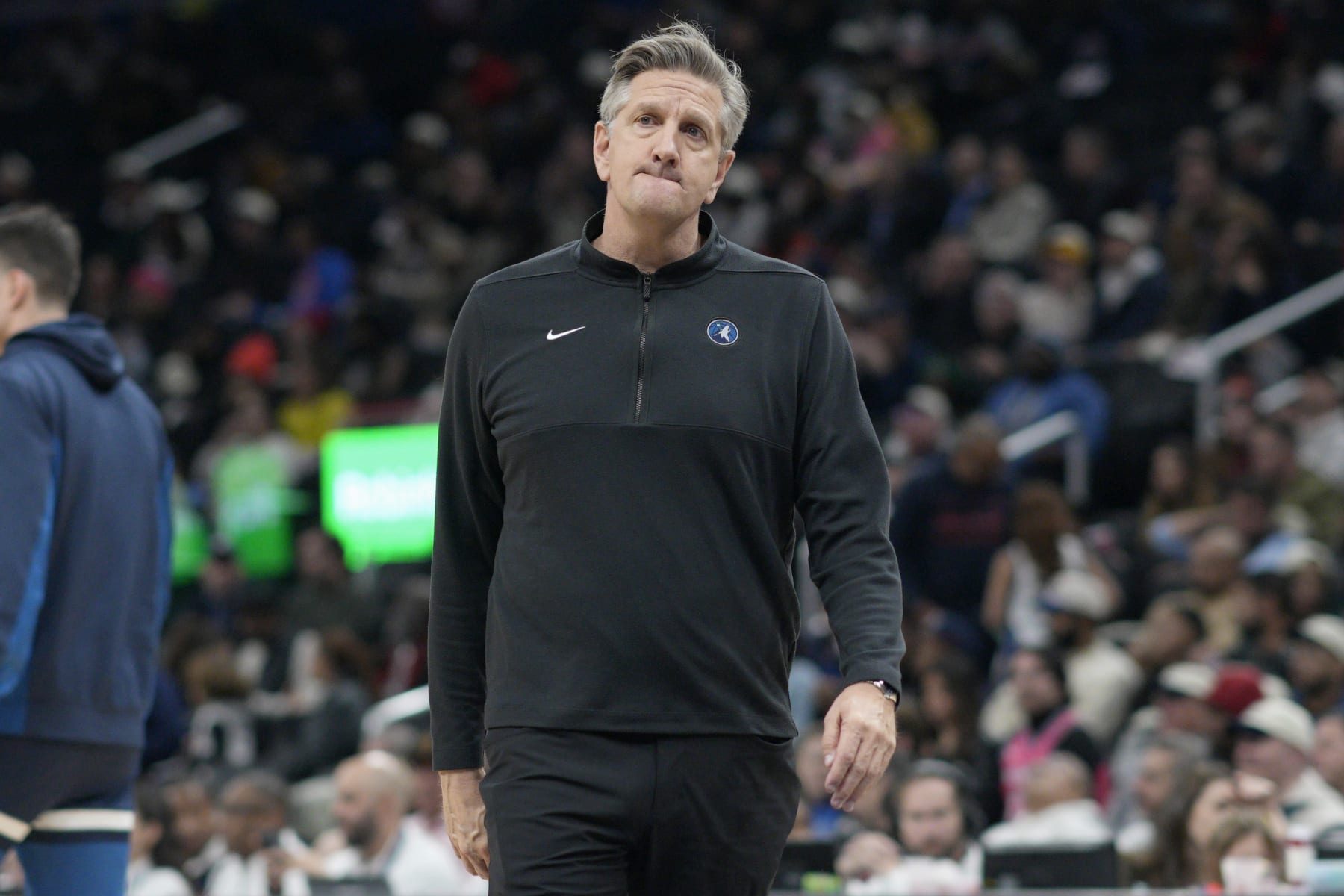 WASHINGTON, DC - JANUARY 24: Chris Finch of the Minnesota Timberwolves looks on during a timeout in the second half against the Washington Wizards at Capital One Arena on January 24, 2024 in Washington, DC. NOTE TO USER: User expressly acknowledges and agrees that, by downloading and or using this photograph, User is consenting to the terms and conditions of the Getty Images License Agreement. (Photo by Jess Rapfogel/Getty Images)