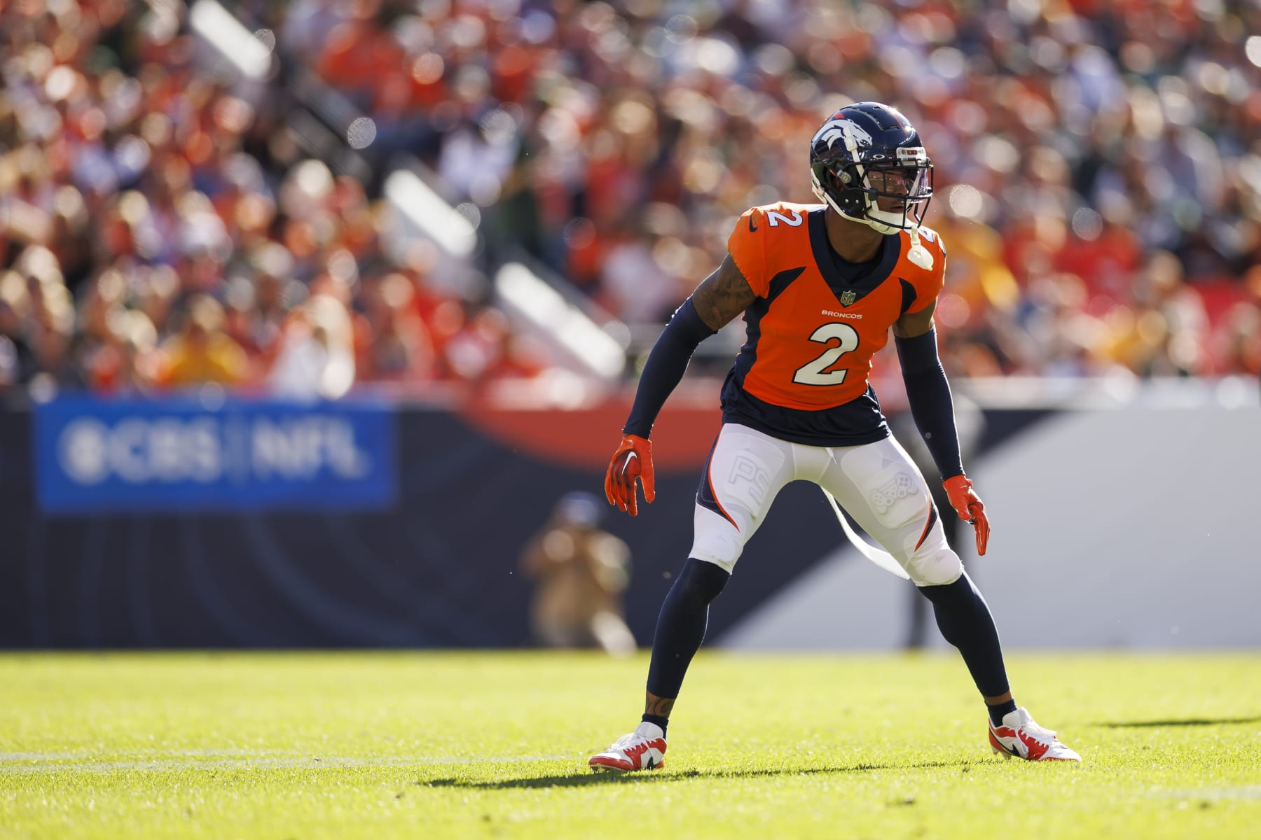 DENVER, COLORADO - OCTOBER 22: Pat Surtain II #2 of the Denver Broncos defends in coverage during an NFL football game against the Green Bay Packers at Empower Field At Mile High on October 22, 2023 in Denver, Colorado. (Photo by Ryan Kang/Getty Images)
