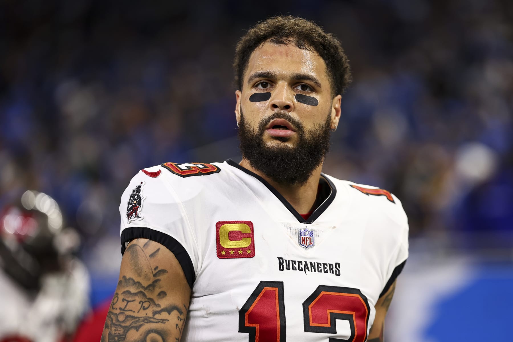 DETROIT, MI - JANUARY 21: Mike Evans #13 of the Tampa Bay Buccaneers looks on prior to an NFL divisional round playoff football game against the Detroit Lions at Ford Field on January 21, 2024 in Detroit, Michigan. (Photo by Kevin Sabitus/Getty Images)