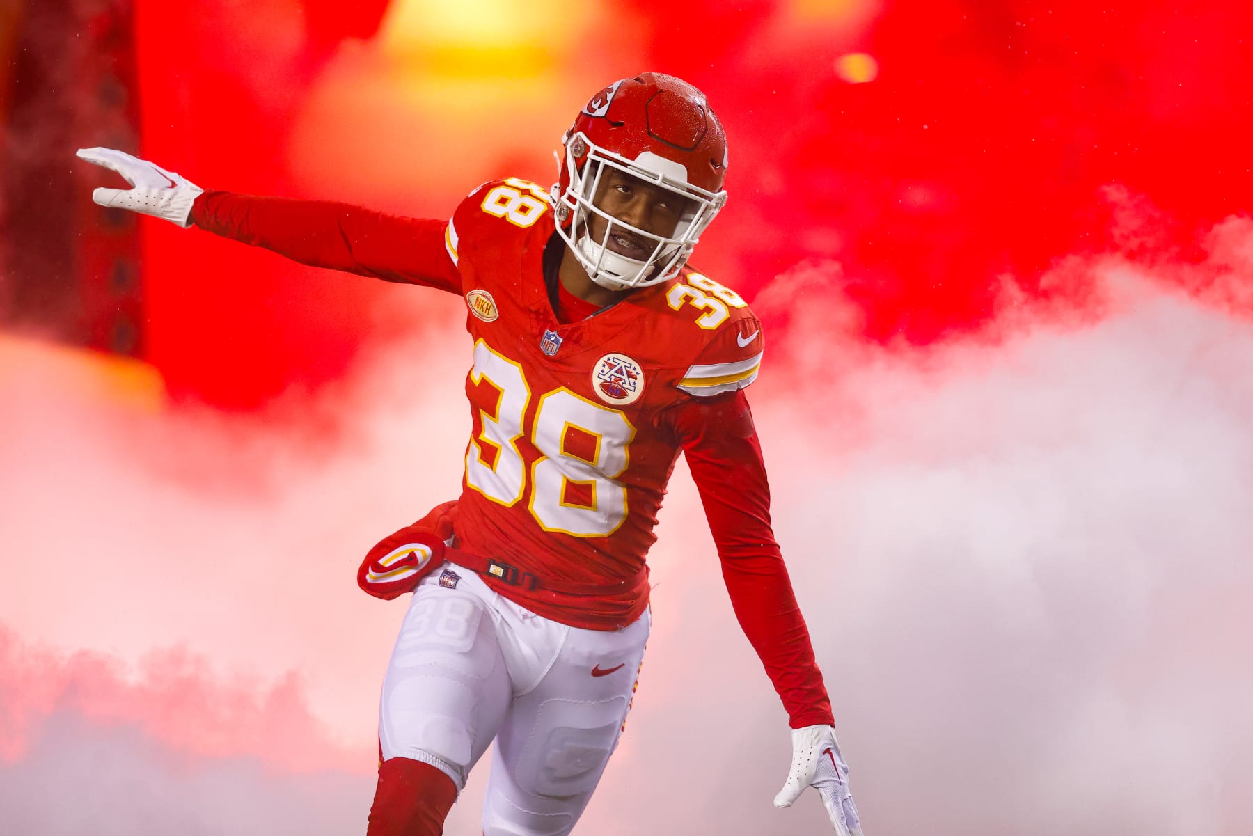 KANSAS CITY, MISSOURI - NOVEMBER 20: L'Jarius Sneed #38 of the Kansas City Chiefs runs on the field during pregame introductions prior to the game against the Philadelphia Eagles at GEHA Field at Arrowhead Stadium on November 20, 2023 in Kansas City, Missouri. (Photo by David Eulitt/Getty Images)