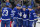 TORONTO, ON - MARCH 2: Mitchell Marner #16 of the Toronto Maple Leafs celebrates his goal against the New York Rangers with teammates Matthew Knies #23, Auston Matthews #34, Ilya Lyubushkin #46 and Morgan Rielly #44 during the second period at Scotiabank Arena on March 2, 2024 in Toronto, Ontario, Canada. (Photo by Kevin Sousa/NHLI via Getty Images)