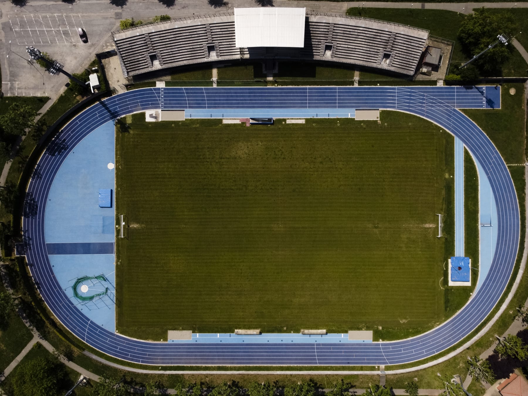 STADIO PIERO DE PAOLI, CHIERI, TURIN, ITALY - 2020/05/21: (EDITORS NOTE: Image was created with a drone.) Aerial view shows empty stadio Piero De Paoli where Chieri Calcio plays their home Serie D (top level Italian non-professional football championship) matches. Serie D 2019-2020 season ended in advance, after a two-month suspension, due to the COVID-19 emergency in Italy. (Photo by Nicolò Campo/LightRocket via Getty Images)