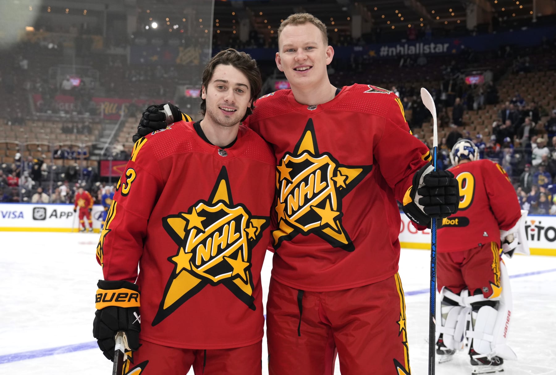 Vancouver Canucks captain Quinn Hughes (left) and Ottawa Senators captain Brady Tkachuk at the 2024 Honda NHL All-Star Game. 