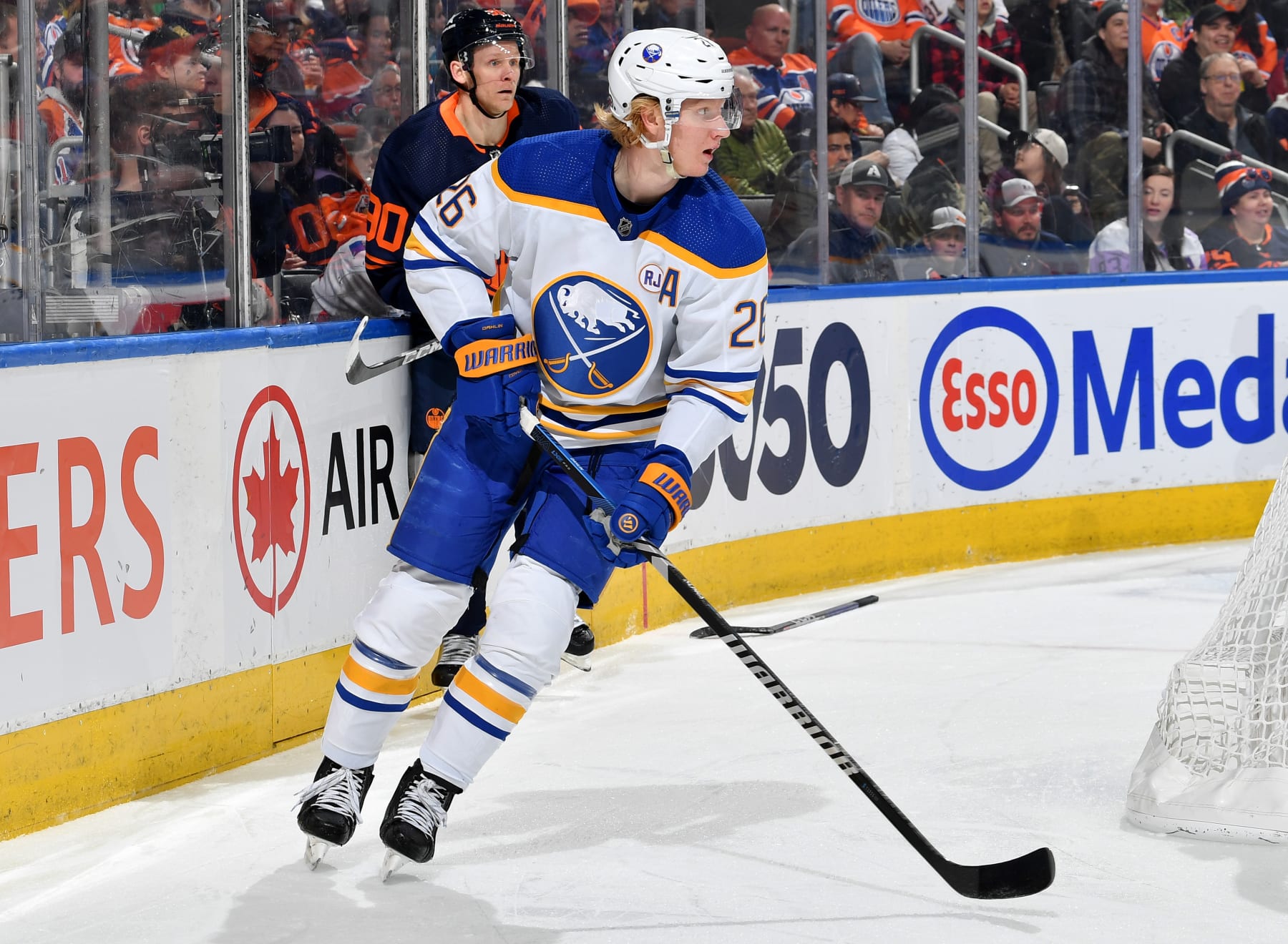 EDMONTON, CANADA - MARCH 21: Rasmus Dahlin #26 of the Buffalo Sabres in action during the game against the Edmonton Oilers at Rogers Place on March 21, 2024, in Edmonton, Alberta, Canada. (Photo by Andy Devlin/NHLI via Getty Images)