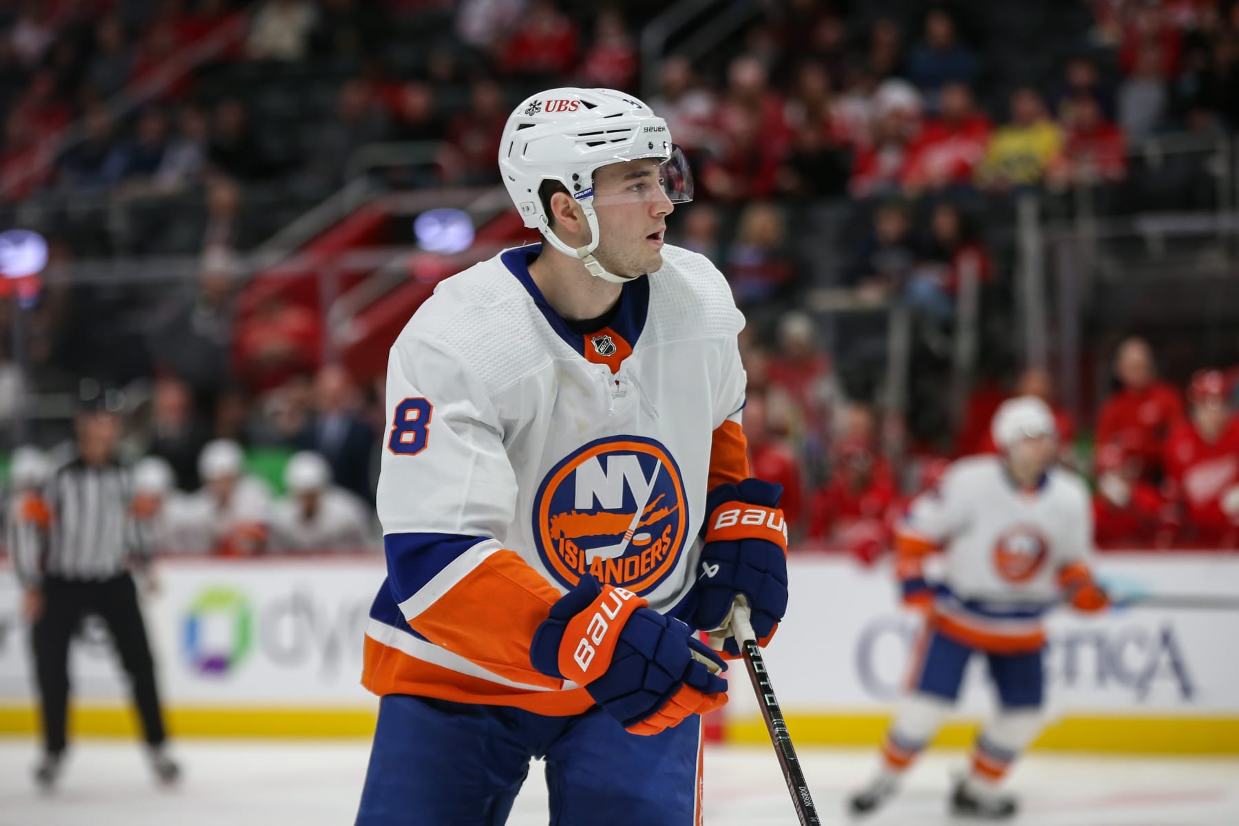 DETROIT, MI - MARCH 21:  New York Islanders defenseman Noah Dobson (8) looks on during an NHL regular season hockey game between the New York Islanders and the Detroit Red Wings on March 21, 2024 at Little Caesars Arena in Detroit, Michigan. (Photo by Scott W. Grau/Icon Sportswire via Getty Images)
