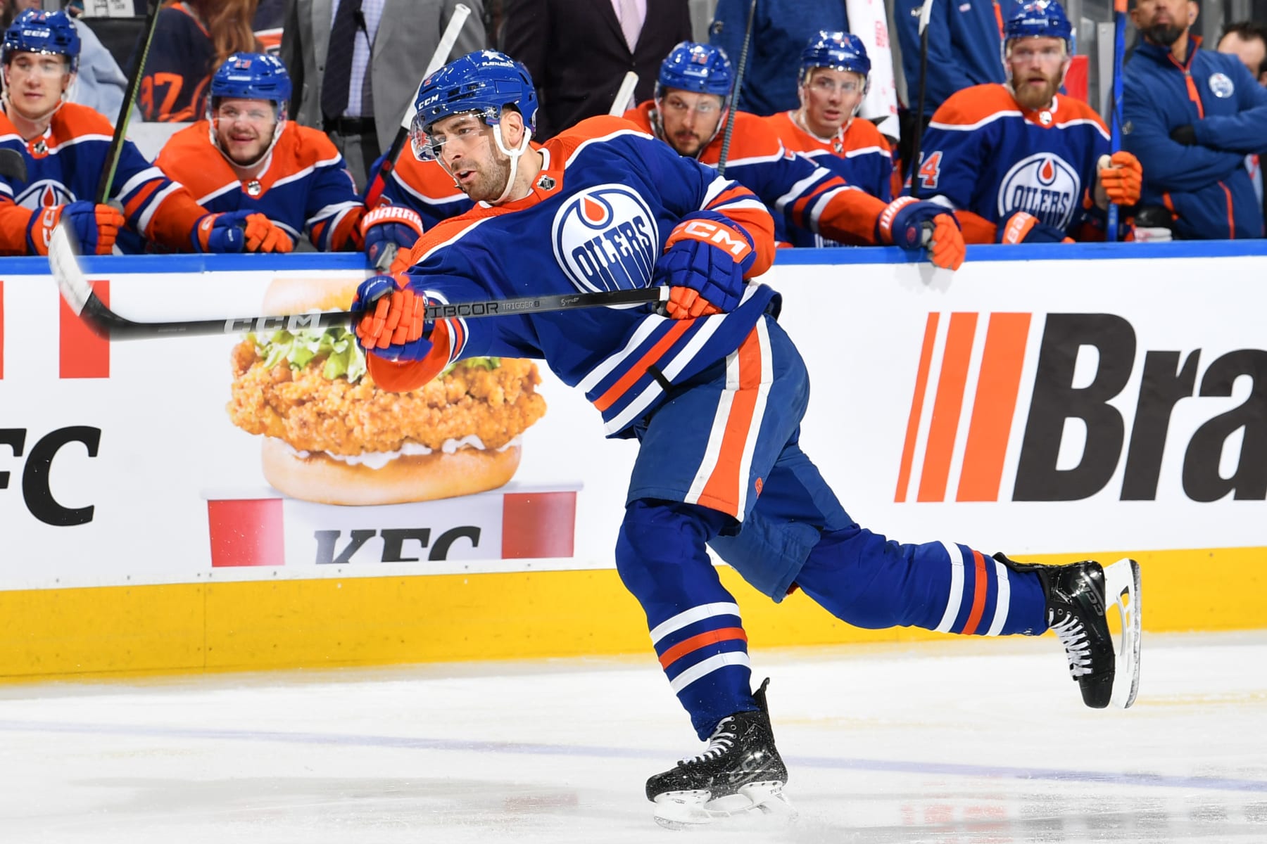 EDMONTON, CANADA - MARCH 30: Evan Bouchard #2 of the Edmonton Oilers follows through on a slap-shot during the game against the Anaheim Ducks at Rogers Place on March 30, 2024, in Edmonton, Alberta, Canada. (Photo by Andy Devlin/NHLI via Getty Images) 