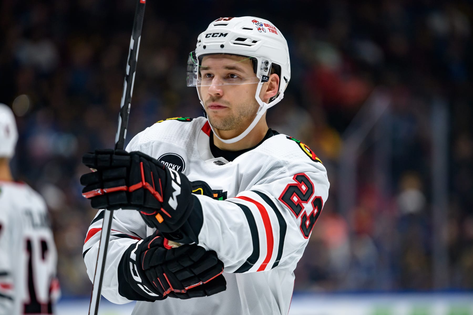 VANCOUVER, CANADA - JANUARY 22: Philipp Kurashev #23 of the Chicago Blackhawks waits for a face-off during the second period of their NHL game against the Vancouver Canucks at Rogers Arena on January 22, 2024 in Vancouver, British Columbia, Canada. (Photo by Derek Cain/Getty Images)