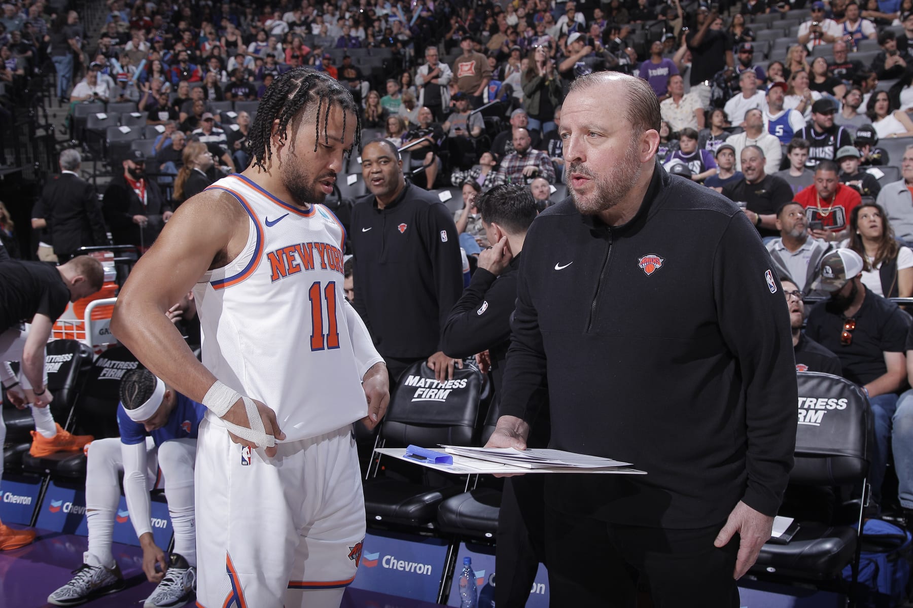 SACRAMENTO, CA - MARCH 16: Head Coach Tom Thibodeau of the New York Knicks coaches Jalen Brunson #11 prior to the game against the Sacramento Kings on March 16, 2024 at Golden 1 Center in Sacramento, California. NOTE TO USER: User expressly acknowledges and agrees that, by downloading and or using this photograph, User is consenting to the terms and conditions of the Getty Images Agreement. Mandatory Copyright Notice: Copyright 2024 NBAE (Photo by Rocky Widner/NBAE via Getty Images)