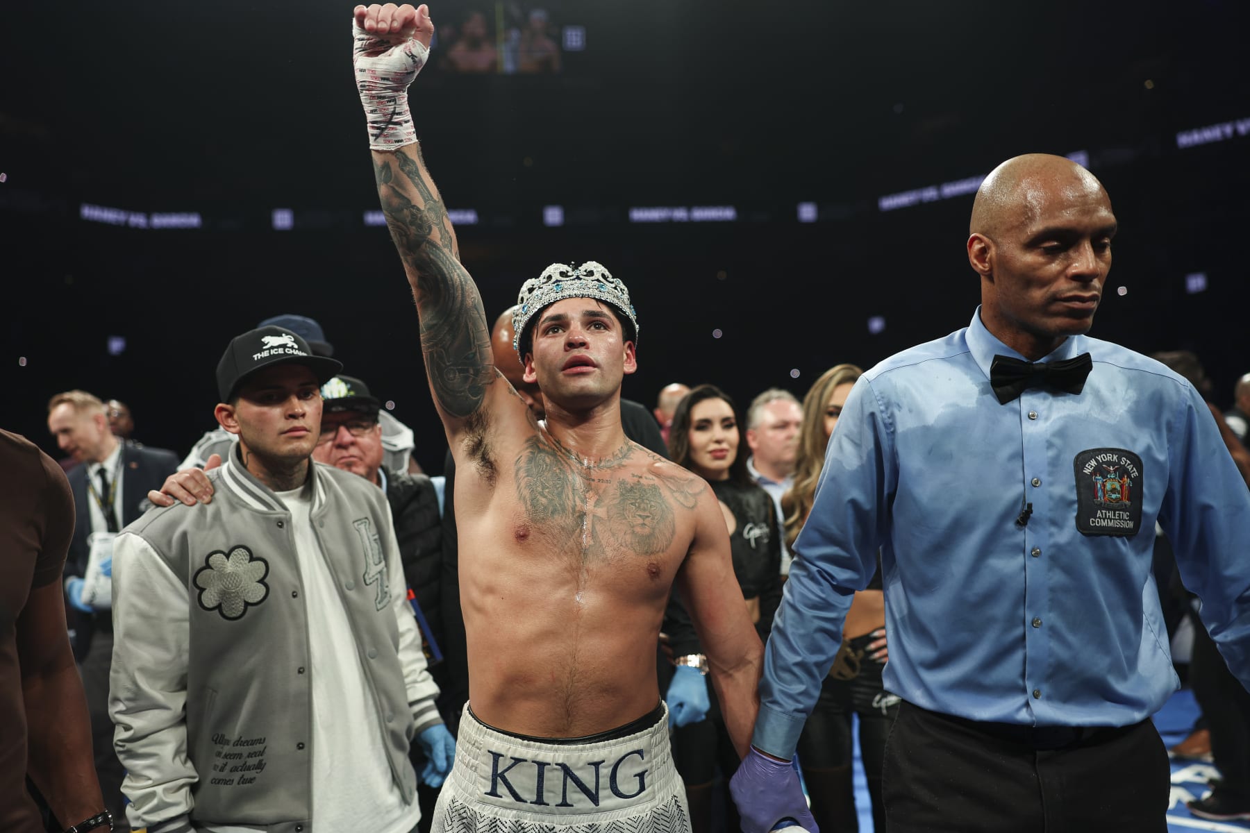 NEW YORK, NEW YORK - APRIL 20: Ryan Garcia celebrates after defeating Devin Haney in a fight at Barclays Center on April 20, 2024 in New York City. (Photo by Cris Esqueda/Golden Boy/Getty Images)