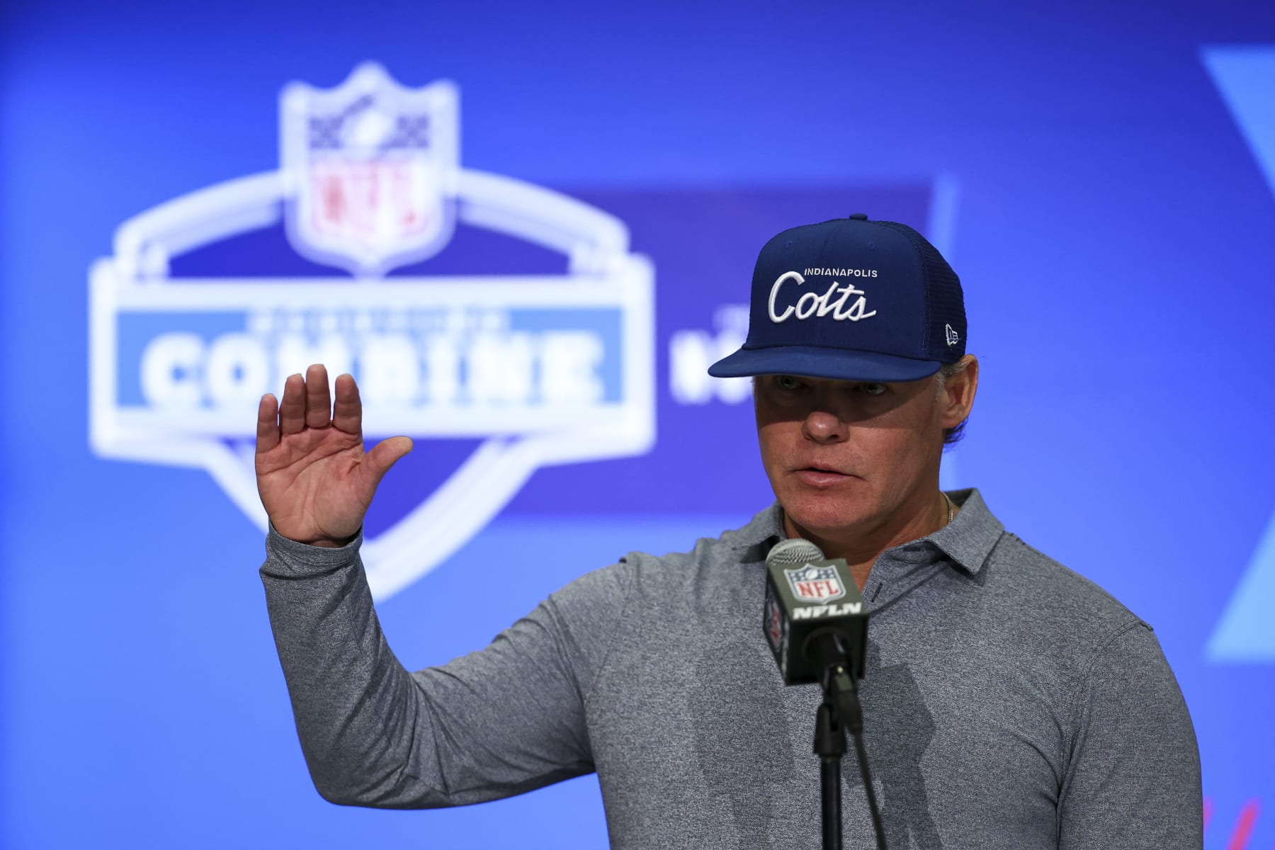 INDIANAPOLIS, INDIANA - FEBRUARY 28: General Manager Chris Ballard of the Indianapolis Colts speaks to the media during the NFL Combine at the Indiana Convention Center on February 28, 2024 in Indianapolis, Indiana. (Photo by Kevin Sabitus/Getty Images)