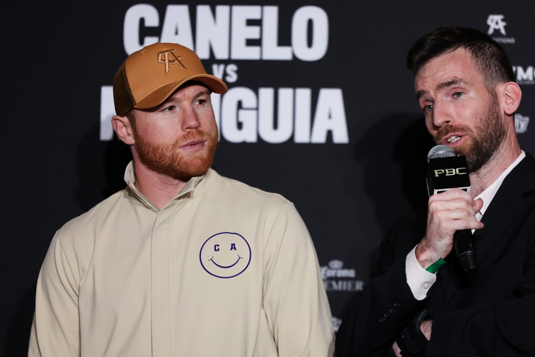 LAS VEGAS, NEVADA - APRIL 30: Saul Canelo Alvarez speaks to the media during the ceremonial grand arrivals for the Saul Canelo Alvarez vs Jaime Munguia grand arrivals at MGM Grand Hotel & Casino on April 30, 2024 in Las Vegas, Nevada.  (Photo by Cris Esqueda/Golden Boy/Getty Images)