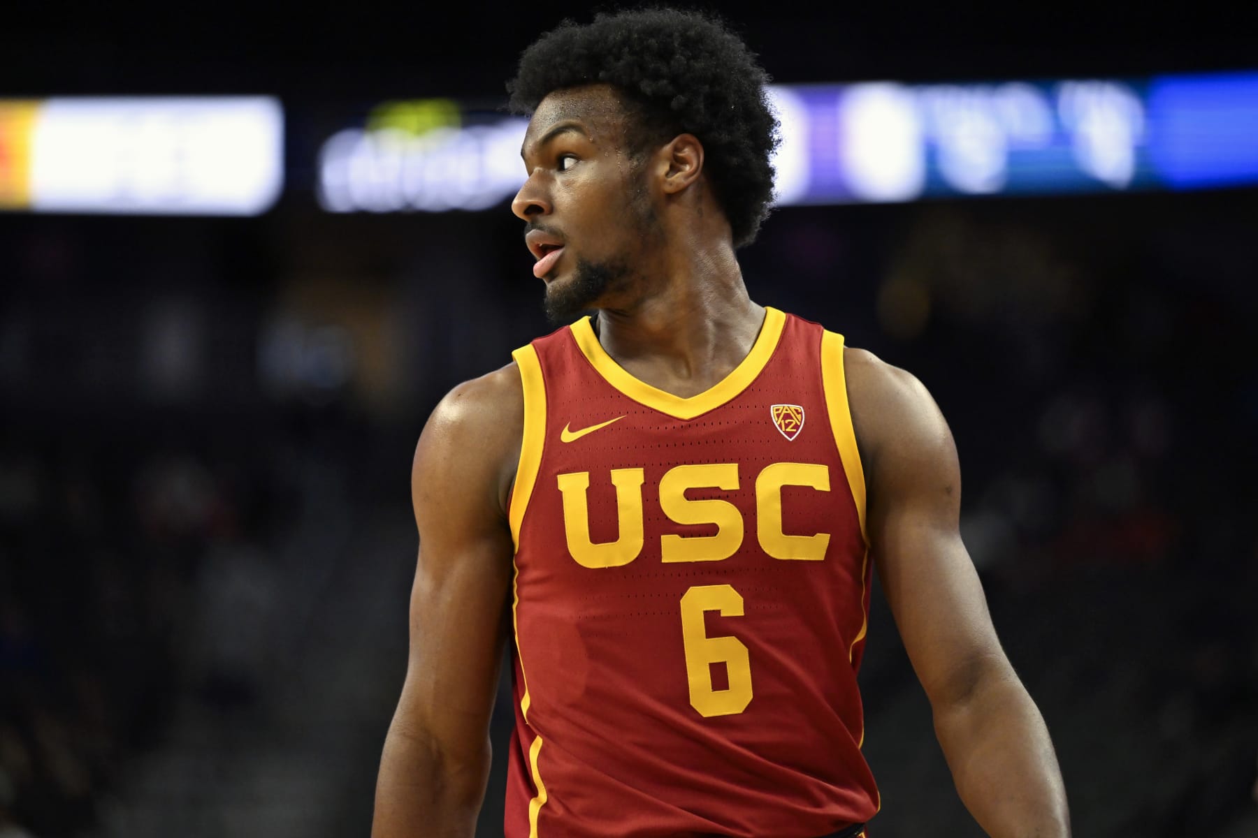 LAS VEGAS, NEVADA - MARCH 13: Bronny James #6 of the USC Trojans looks on in the first half of a first round game against the Washington Huskies during the Pac-12 Conference basketball tournament at T-Mobile Arena on March 13, 2024 in Las Vegas, Nevada. The Trojans defeated the Huskies 80-74. (Photo by David Becker/Getty Images)