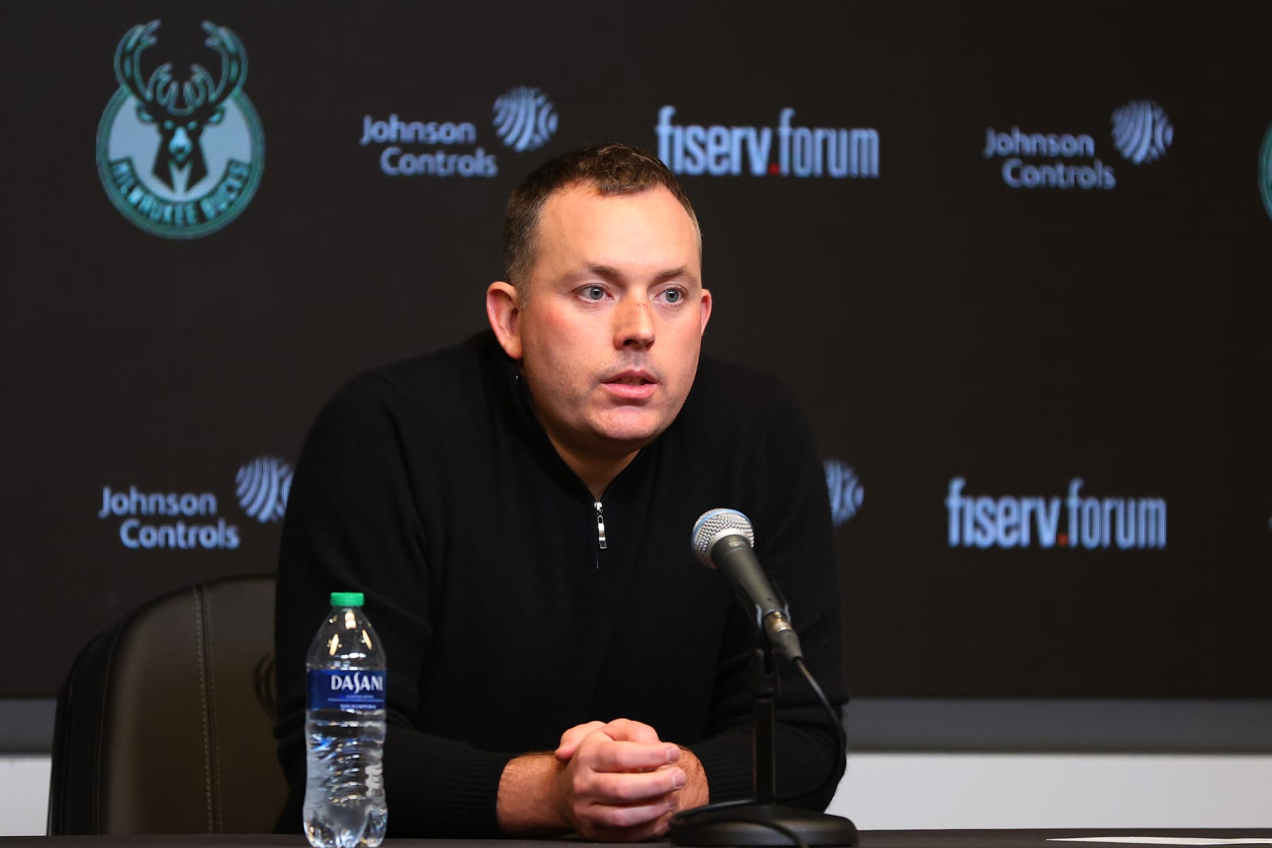 MILWAUKEE, WISCONSIN - JANUARY 24: General manager Jon Horst of the Milwaukee Bucks speaks to the media about the dismissal of head coach Adrian Griffin prior to a game between the Milwaukee Bucks and the Cleveland Cavaliers at Fiserv Forum on January 24, 2024 in Milwaukee, Wisconsin. NOTE TO USER: User expressly acknowledges and agrees that, by downloading and or using this photograph, User is consenting to the terms and conditions of the Getty Images License Agreement. (Photo by Stacy Revere/Getty Images)
