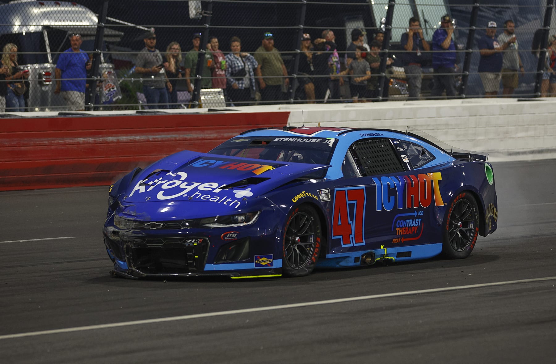 NORTH WILKESBORO, NORTH CAROLINA - MAY 19: Ricky Stenhouse Jr., driver of the #47 Kroger Health/Icy Hot Chevrolet, exits the track after an incident during the NASCAR Cup Series All-Star Race at North Wilkesboro Speedway on May 19, 2024 in North Wilkesboro, North Carolina. (Photo by Sean Gardner/Getty Images)