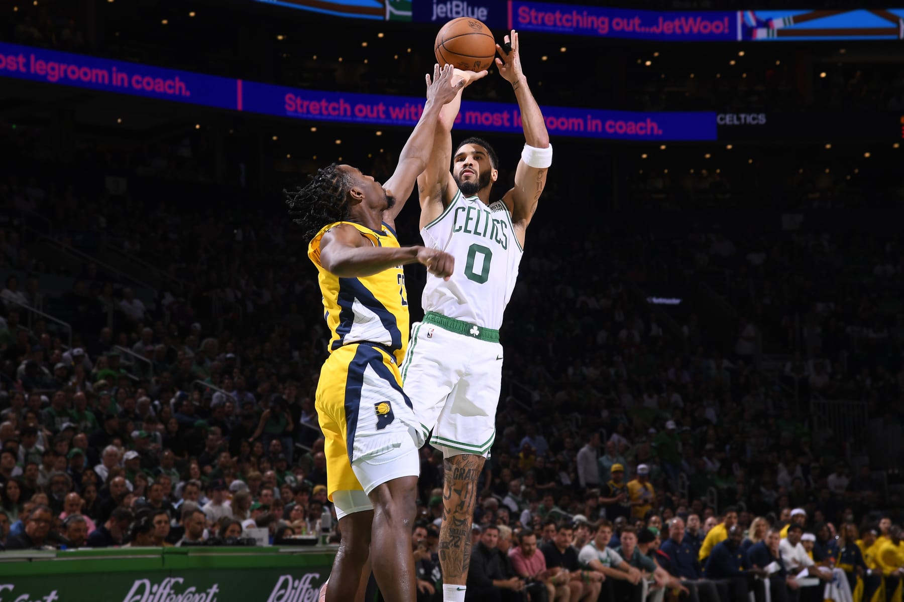 BOSTON, MA - MAY 21: Jayson Tatum #0 of the Boston Celtics shoots the ball during the game against the Indiana Pacers during Game 1 of the Eastern Conference Finals of the 2024 NBA Playoffs on May 21, 2024 at the TD Garden in Boston, Massachusetts. NOTE TO USER: User expressly acknowledges and agrees that, by downloading and or using this photograph, User is consenting to the terms and conditions of the Getty Images License Agreement. Mandatory Copyright Notice: Copyright 2024 NBAE  (Photo by Brian Babineau/NBAE via Getty Images)