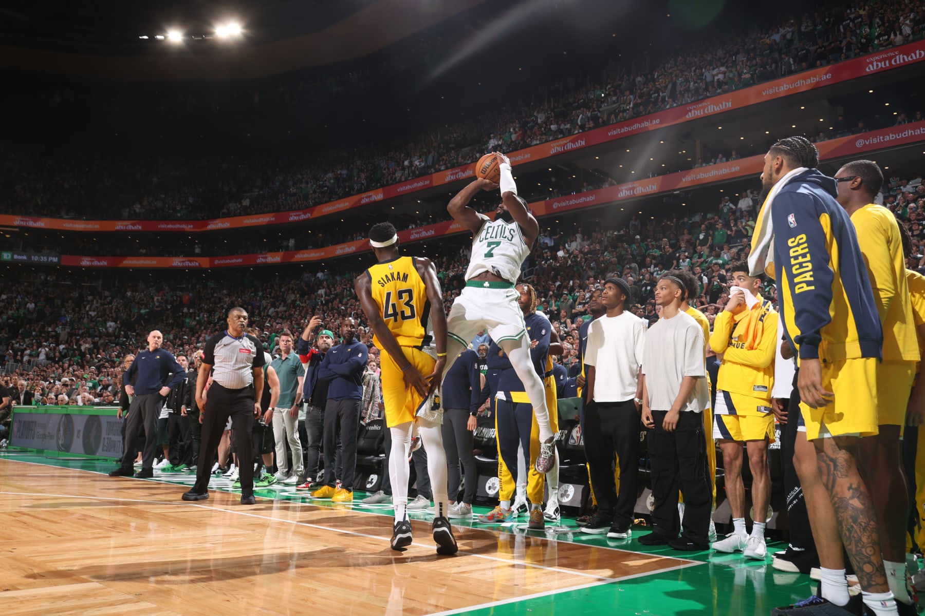 BOSTON, MA - MAY 21: Jaylen Brown #7 of the Boston Celtics scores the game tying basket during the game against the Indiana Pacers during Game 1 of the Eastern Conference Finals of the 2024 NBA Playoffs on May 21, 2024 at the TD Garden in Boston, Massachusetts. NOTE TO USER: User expressly acknowledges and agrees that, by downloading and or using this photograph, User is consenting to the terms and conditions of the Getty Images License Agreement. Mandatory Copyright Notice: Copyright 2024 NBAE  (Photo by Nathaniel S. Butler/NBAE via Getty Images)