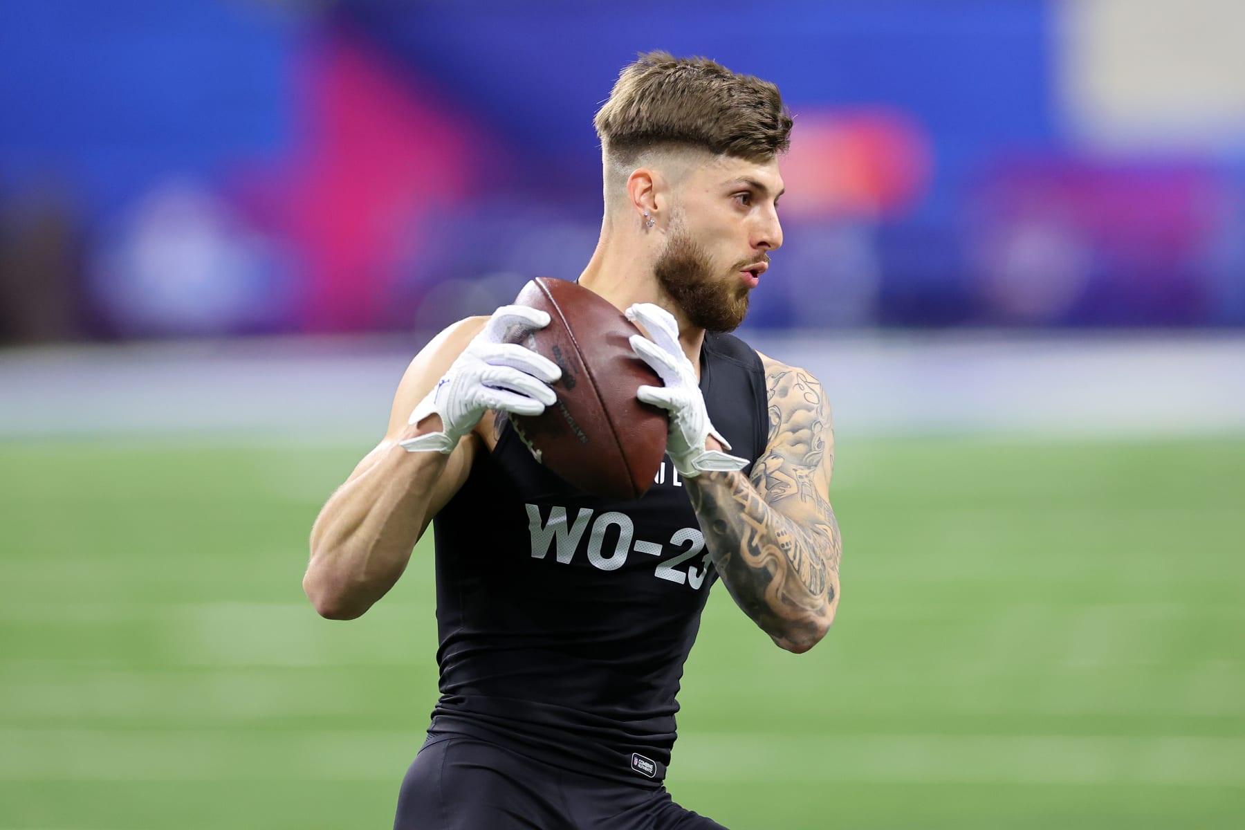 INDIANAPOLIS, INDIANA - MARCH 02: Ricky Pearsall #WO23 of Florida participates in a drill during the NFL Combine at Lucas Oil Stadium on March 02, 2024 in Indianapolis, Indiana. (Photo by Stacy Revere/Getty Images)