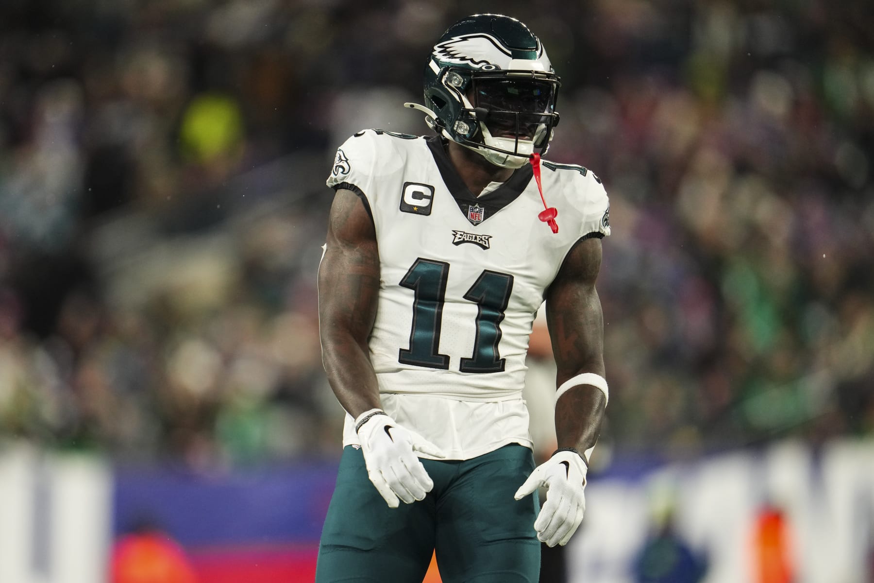 EAST RUTHERFORD, NJ - JANUARY 07: A.J. Brown #11 of the Philadelphia Eagles lines up during an NFL football game against the New York Giants at MetLife Stadium on January 7, 2024 in East Rutherford, New Jersey. (Photo by Cooper Neill/Getty Images)