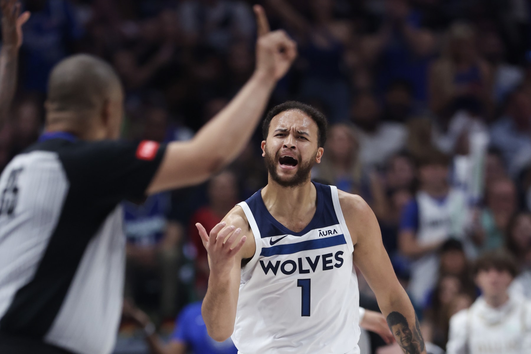 DALLAS, TEXAS - MAY 26: Kyle Anderson #1 of the Minnesota Timberwolves reacts during the second quarter against the Dallas Mavericks in Game Three of the Western Conference Finals at American Airlines Center on May 26, 2024 in Dallas, Texas. NOTE TO USER: User expressly acknowledges and agrees that, by downloading and or using this photograph, User is consenting to the terms and conditions of the Getty Images License Agreement. (Photo by Matthew Stockman/Getty Images)