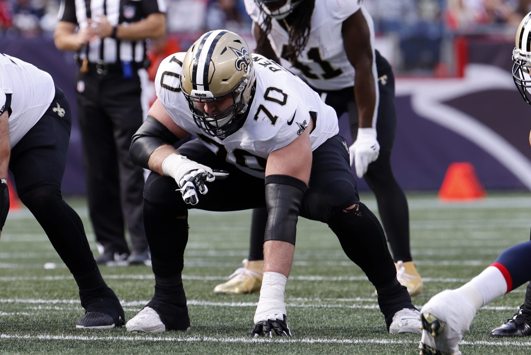 FOXBOROUGH, MA - OCTOBER 08: New Orleans Saints offensive tackle Trevor Penning (70) during a game between the New England Patriots and the New Orleans Saints on October 8, 2023, at Gillette Stadium in Foxborough, Massachusetts. (Photo by Fred Kfoury III/Icon Sportswire via Getty Images)