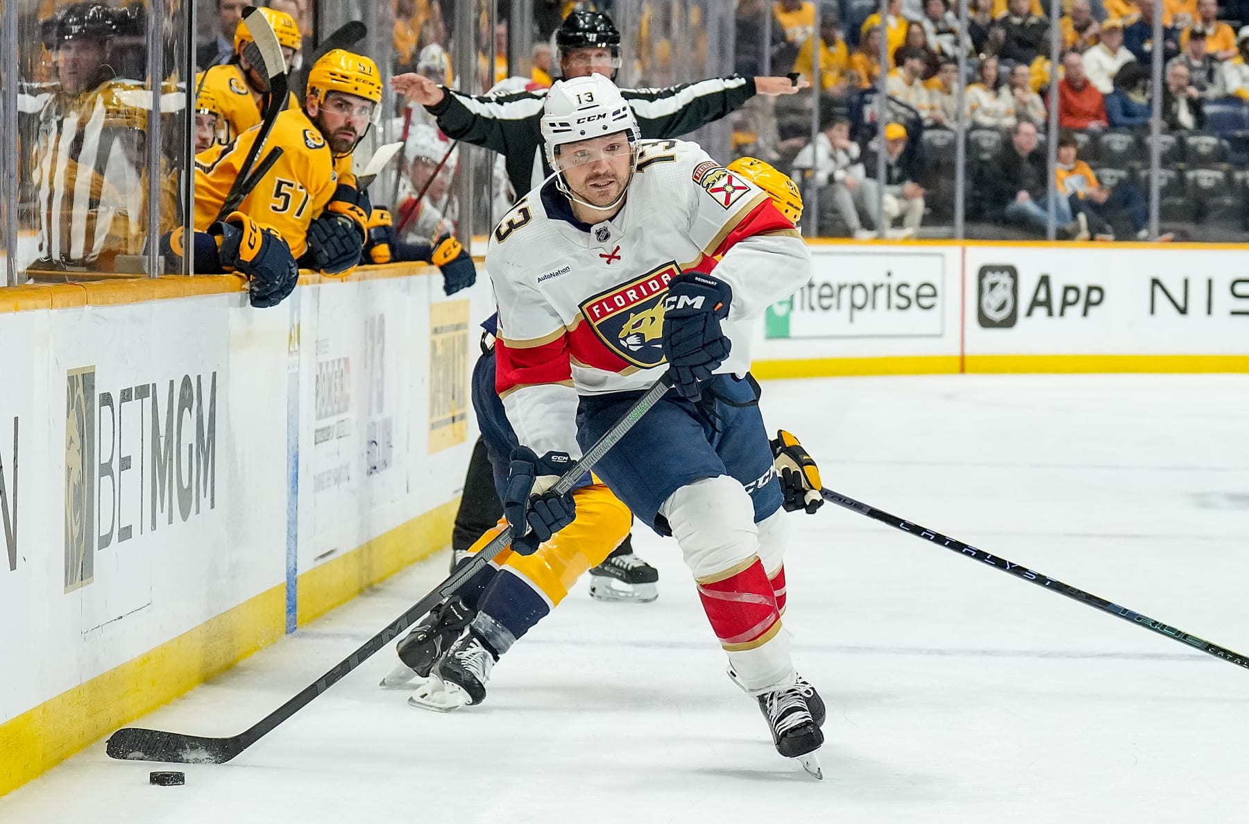 NASHVILLE, TENNESSEE - FEBRUARY 18: Sam Reinhart #13 of the Florida Panthers skates against the Nashville Predators during an NHL game at Bridgestone Arena on February 18, 2023 in Nashville, Tennessee. (Photo by John Russell/NHLI via Getty Images)