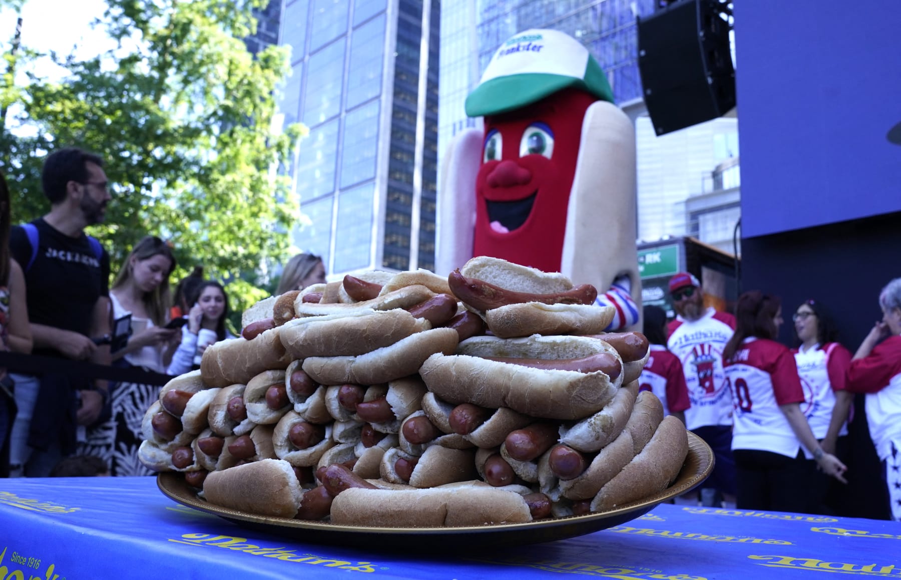A tray of hot dogs are on display during a weigh-in for the 2024 Nathan's Famous Fourth of July International Hot Dog-Eating Championship at Hudson Yards in New York City on July 3, 2024. The contest will take place in Coney Island, New York on July 4, 2024. (Photo by TIMOTHY A. CLARY / AFP) (Photo by TIMOTHY A. CLARY/AFP via Getty Images)