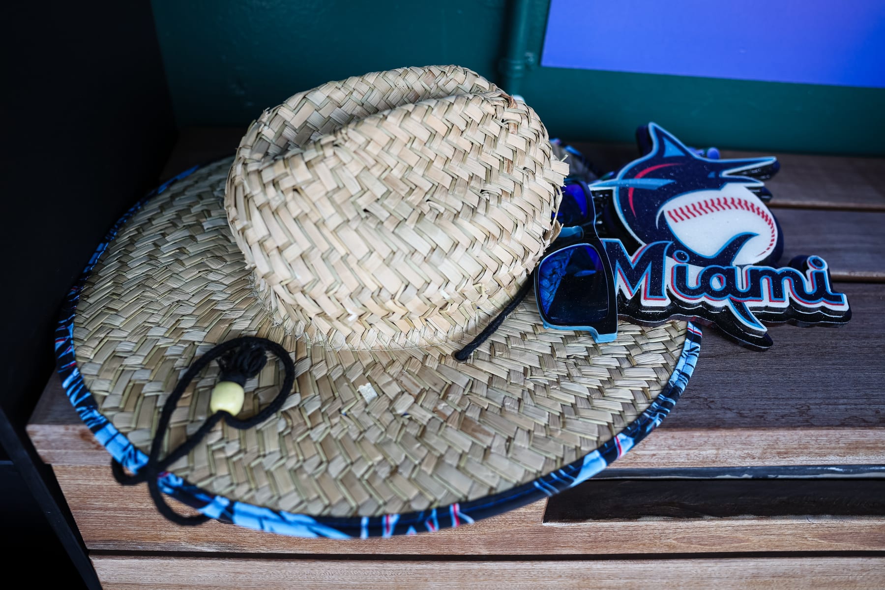 WASHINGTON, DC - JUNE 17: A normal undercover agent of the Miami Marlins dwelling scurry hat, glasses, and chain earlier than the game in opposition to the Washington Nationals at Nationals Park on June 17, 2023 in Washington, DC. (Photo by Scott Taetsch/Getty Pictures)