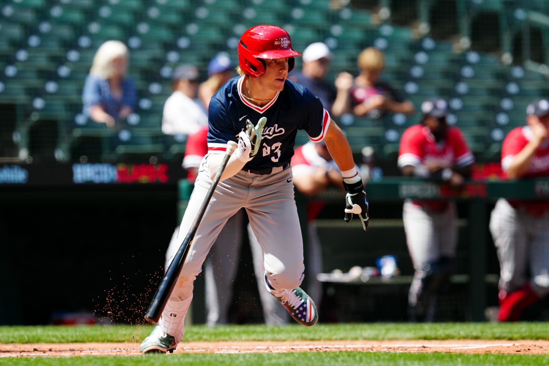 SEATTLE, WA - JULY 07:  PJ Morlando #23 of the American League Team bats all thru the MLB-USA Baseball Excessive College All-American Sport at T-Cell Park on Friday, July 7, 2023 in Seattle, Washington. (Portray by Mary DeCicco/MLB Pictures through Getty Pictures)