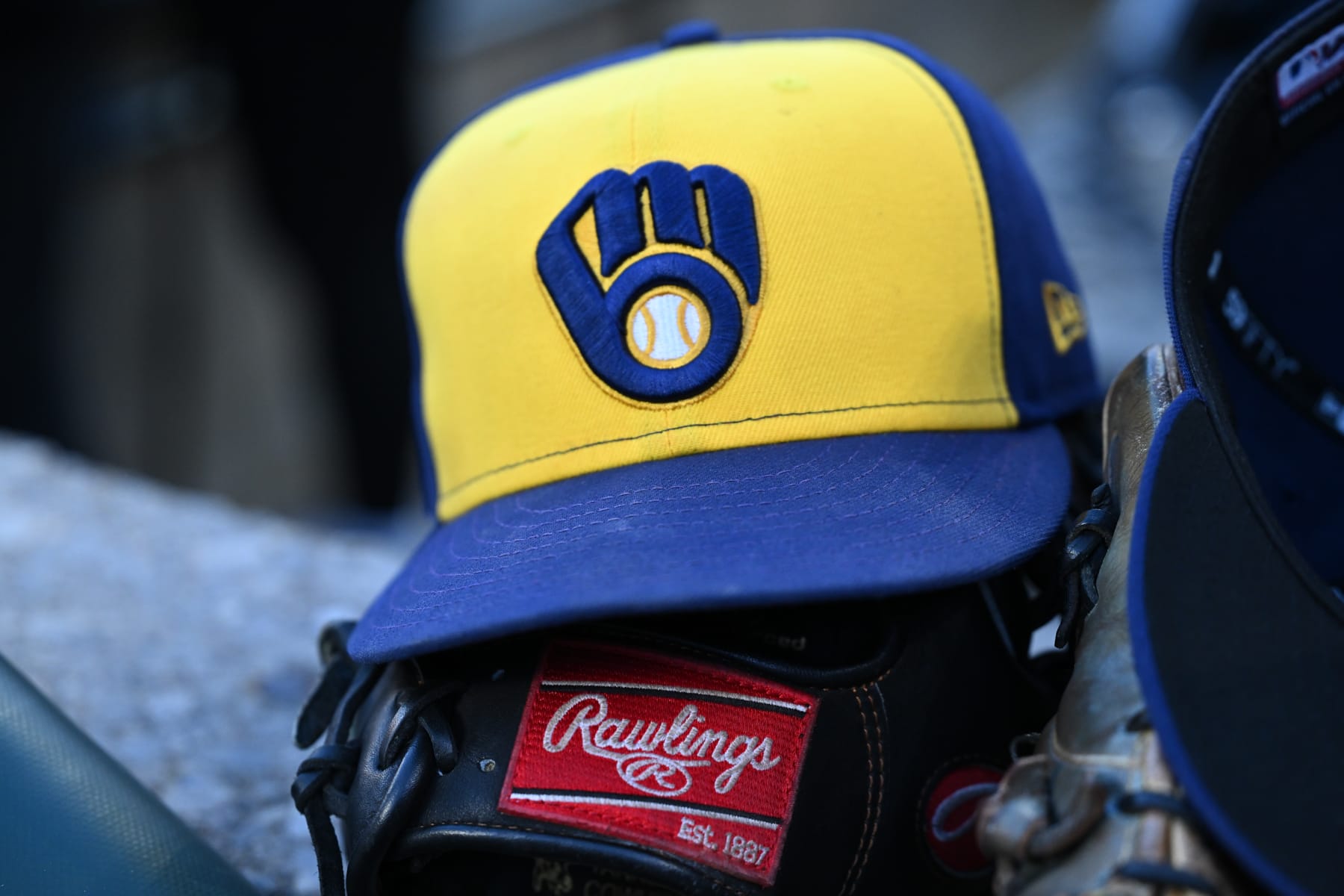DETROIT, MI - JUNE 07: The Milwaukee Brewers hat on a glove all thru the Detroit Tigers versus the Milwaukee Brewers recreation on Tuesday June 7, 2024 at Comerica Park in Detroit, MI. (Portray by Steven King/Icon Sportswire through Getty Pictures)
