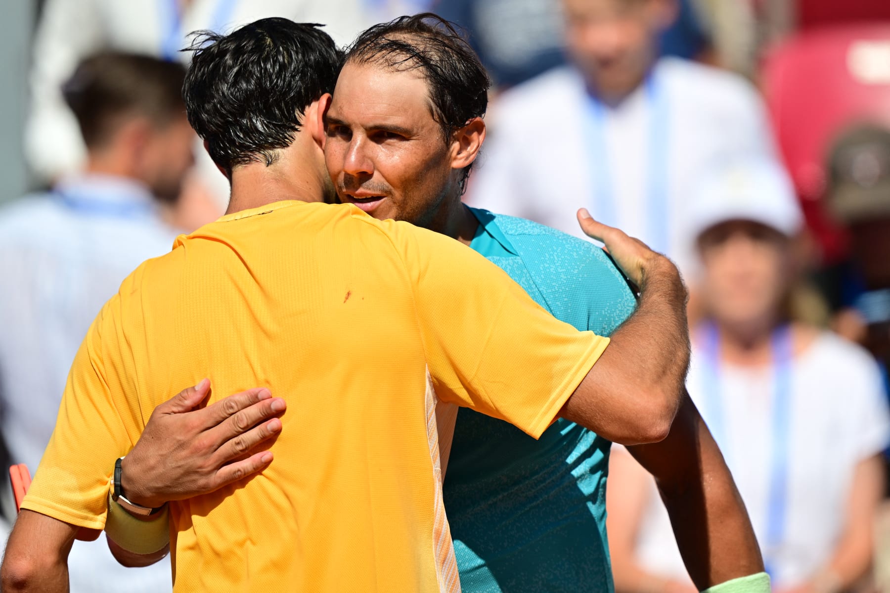 Nuno Borges of Portugal hugs Rafael Nadal of Spain during the men's singles final of the ATP Nordic Open in Bastad, Sweden, July 21, 2024. (Photo by Bjorn LARSSON ROSVALL / TT News Agency / AFP) / SWEDEN OUT (Photo by BJORN LARSSON ROSVALL / TT News Agency / AFP via Getty Images)