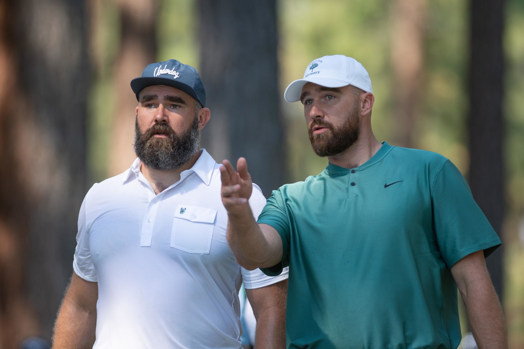 STATELINE, NEVADA - JULY 12: Travis Kelce and Jason Kelce during the ACC Celebrity Golf Championship presented by American Century Investments at Edgewood Tahoe Golf Course on July 12, 2024 in Stateline, Nevada.  (Photo by David Calvert/Getty Images for American Century Investments)