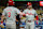 LOS ANGELES, CA - AUGUST 06: Philadelphia Phillies designated hitter Kyle Schwarber (12) is greeted by first baseman Bryce Harper (3) after hitting a solo home run in the ninth inning of an MLB baseball game against the Los Angeles Dodgers played on August 6, 2024 at Dodger Stadium in Los Angeles, CA. (Photo by John Cordes/Icon Sportswire via Getty Images)