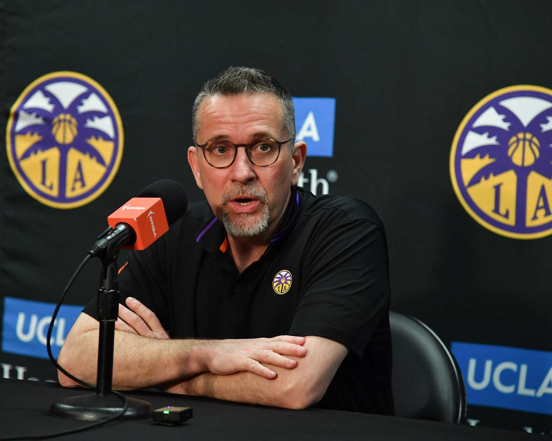 LOS ANGELES, CA - SEPTEMBER 10: Head Coach Curt Miller of the Los Angeles Sparks talks to the media before the game on September 10, 2024 at Crypto.com Arena in Los Angeles, California. NOTE TO USER: User expressly acknowledges and agrees that, by downloading and/or using this Photograph, user is consenting to the terms and conditions of the Getty Images License Agreement. Mandatory Copyright Notice: Copyright 2024 NBAE (Photo by Juan Ocampo/NBAE via Getty Images)
